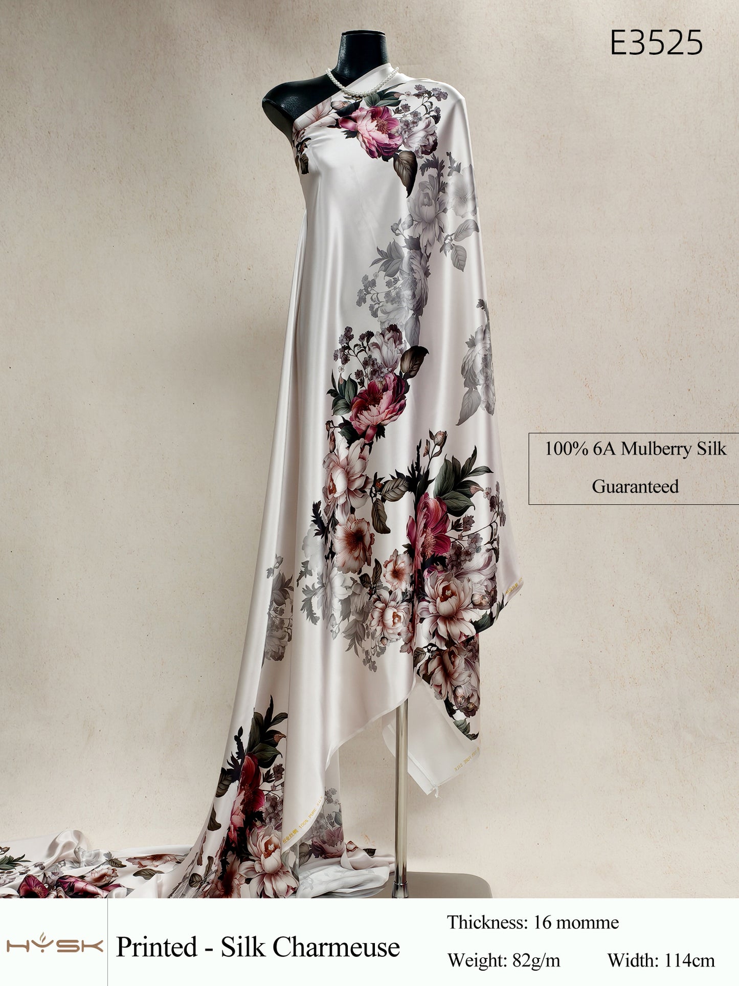 HYSK Digital Printed 100% Mulberry Silk Charmeuse – 16 Momme, 114cm Width, 6A Grade Silk Original Design Fabric for Couture, Evening Wear & Traditional Attire