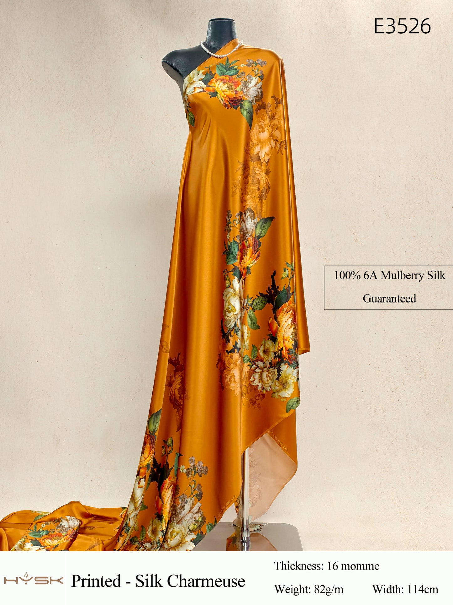 HYSK Digital Printed 100% Mulberry Silk Charmeuse – 16 Momme, 114cm Width, 6A Grade Silk Original Design Fabric for Couture, Evening Wear & Traditional Attire