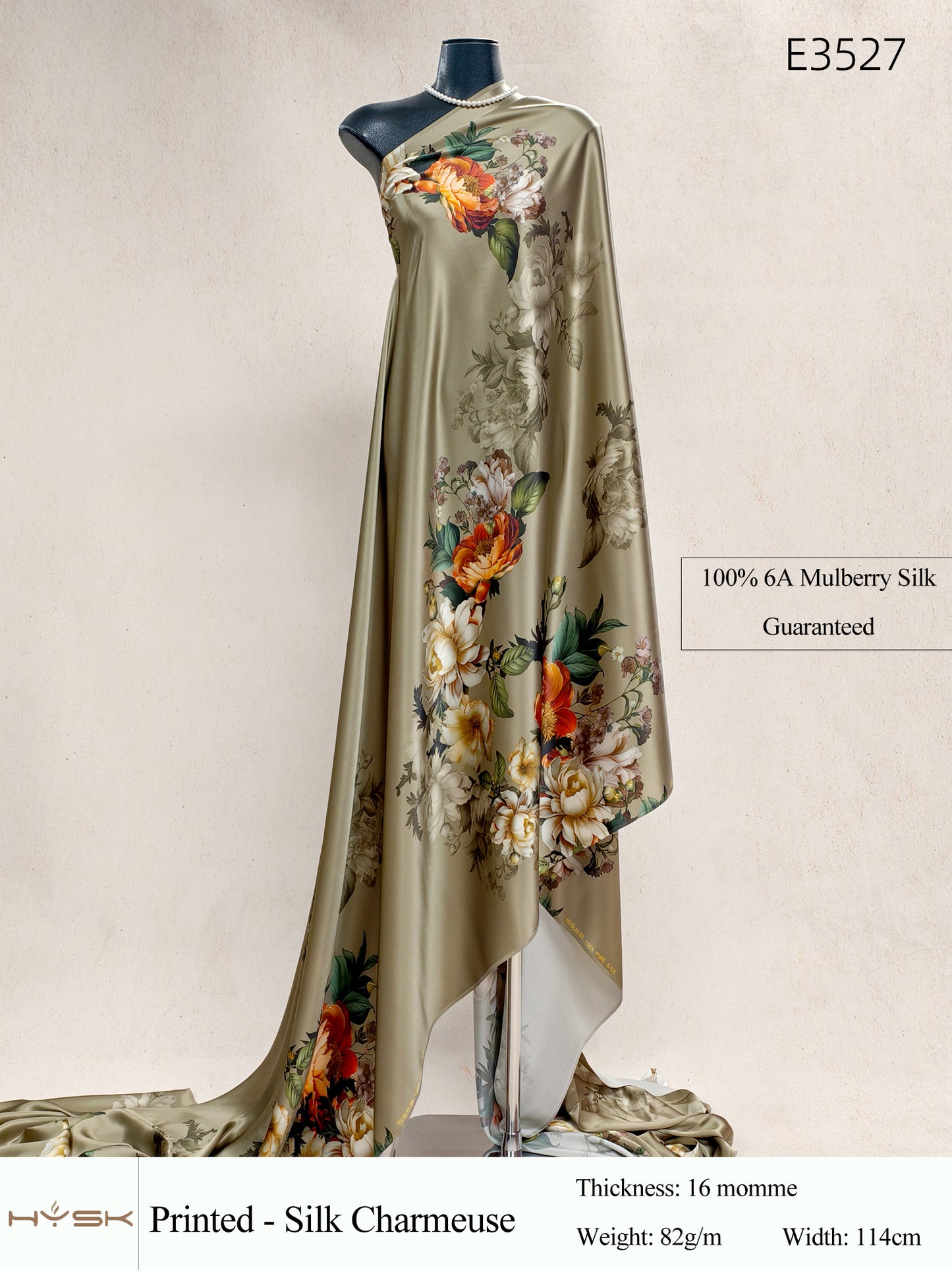 HYSK Digital Printed 100% Mulberry Silk Charmeuse – 16 Momme, 114cm Width, 6A Grade Silk Original Design Fabric for Couture, Evening Wear & Traditional Attire