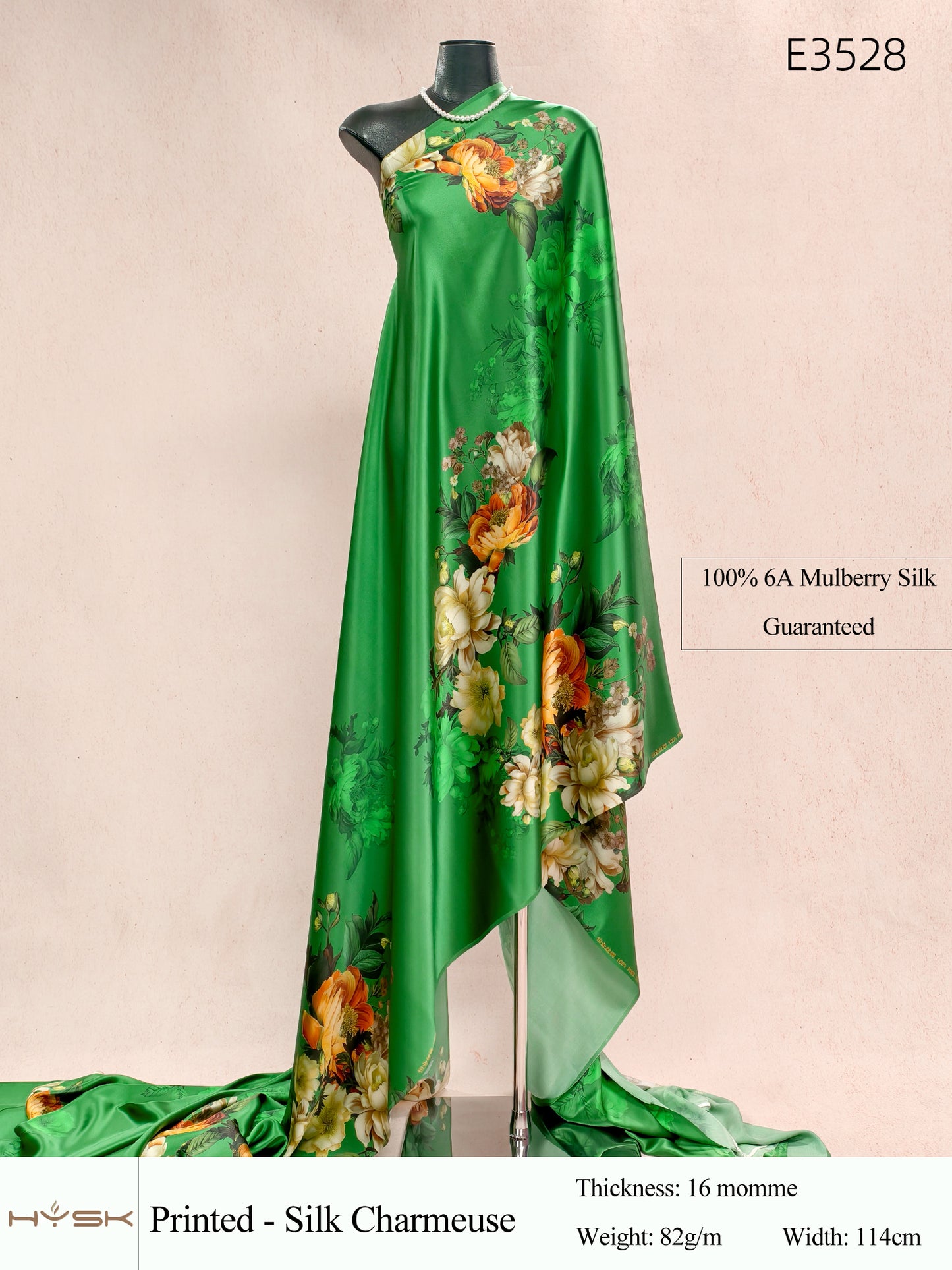 HYSK Digital Printed 100% Mulberry Silk Charmeuse – 16 Momme, 114cm Width, 6A Grade Silk Original Design Fabric for Couture, Evening Wear & Traditional Attire