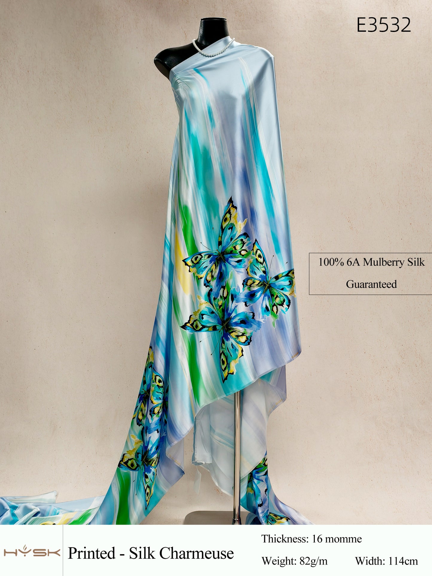 HYSK Digital Printed 100% Mulberry Silk Charmeuse – 16 Momme, 114cm Width, 6A Grade Silk Original Design Fabric for Couture, Evening Wear & Traditional Attire