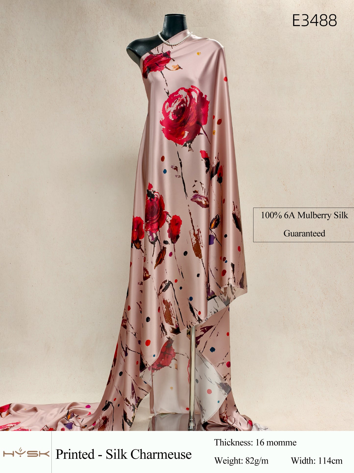 HYSK Digital Printed 100% Mulberry Silk Charmeuse – 16 Momme, 114cm Width, 6A Grade Silk Original Design Fabric for Couture, Evening Wear & Traditional Attire