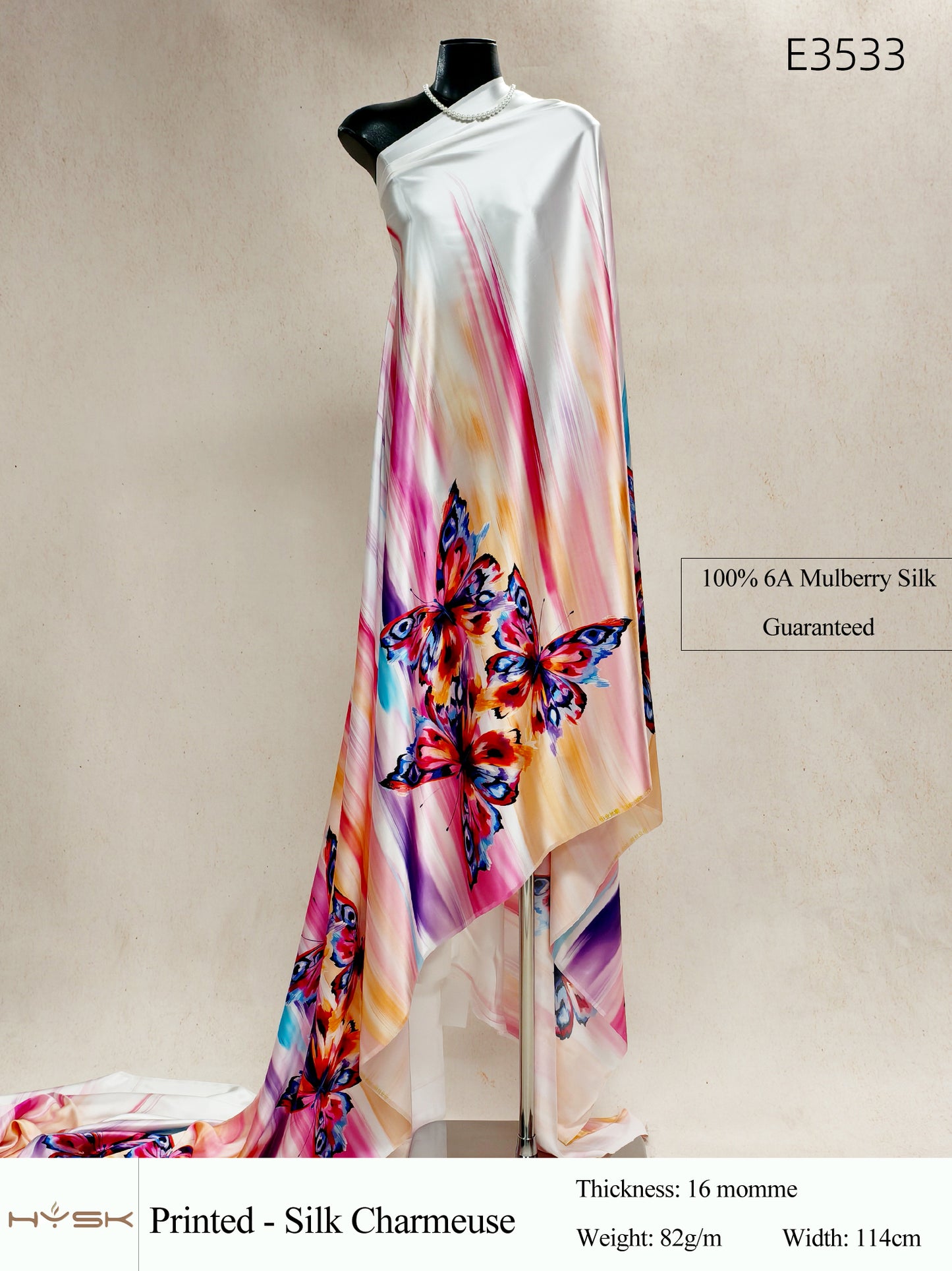 HYSK Digital Printed 100% Mulberry Silk Charmeuse – 16 Momme, 114cm Width, 6A Grade Silk Original Design Fabric for Couture, Evening Wear & Traditional Attire