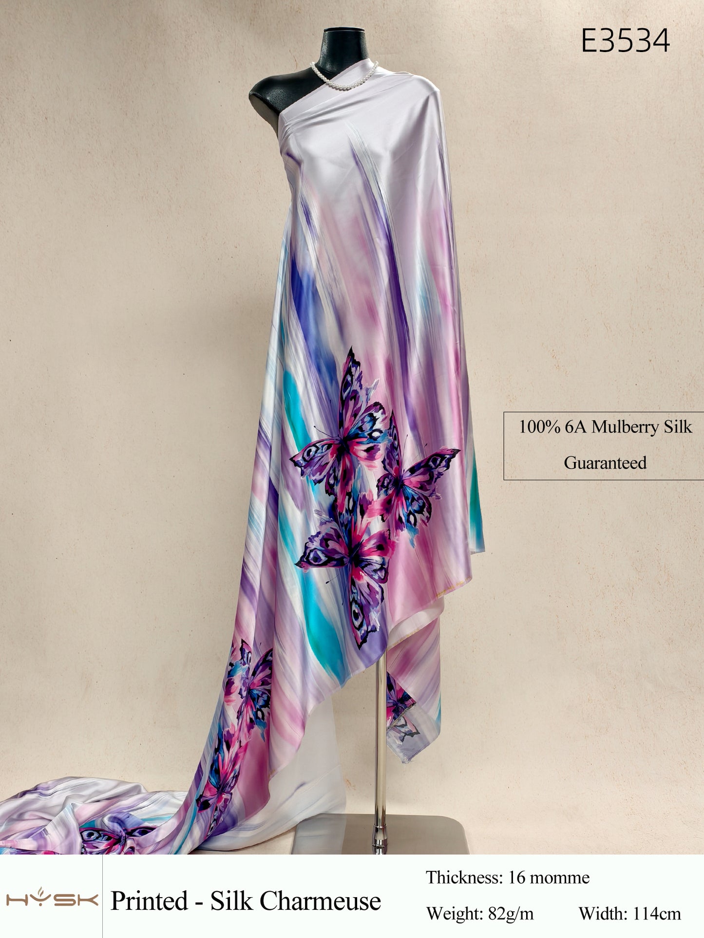 HYSK Digital Printed 100% Mulberry Silk Charmeuse – 16 Momme, 114cm Width, 6A Grade Silk Original Design Fabric for Couture, Evening Wear & Traditional Attire