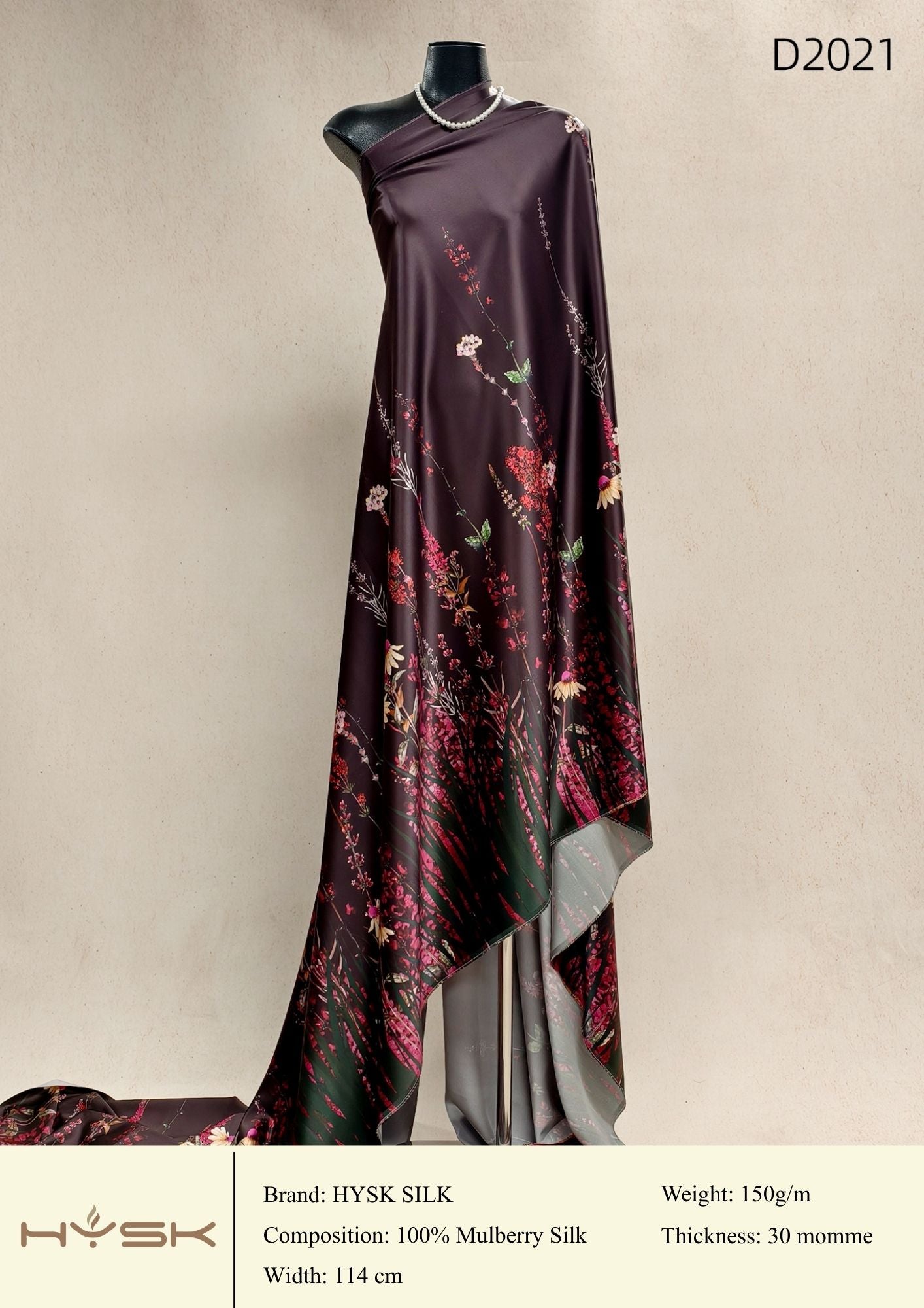 HYSK Digital Printed 100% Mulberry Silk Charmeuse – 30 Momme, 114cm Width, 6A Grade Silk Original Design Fabric for Couture, Evening Wear & Traditional Attire