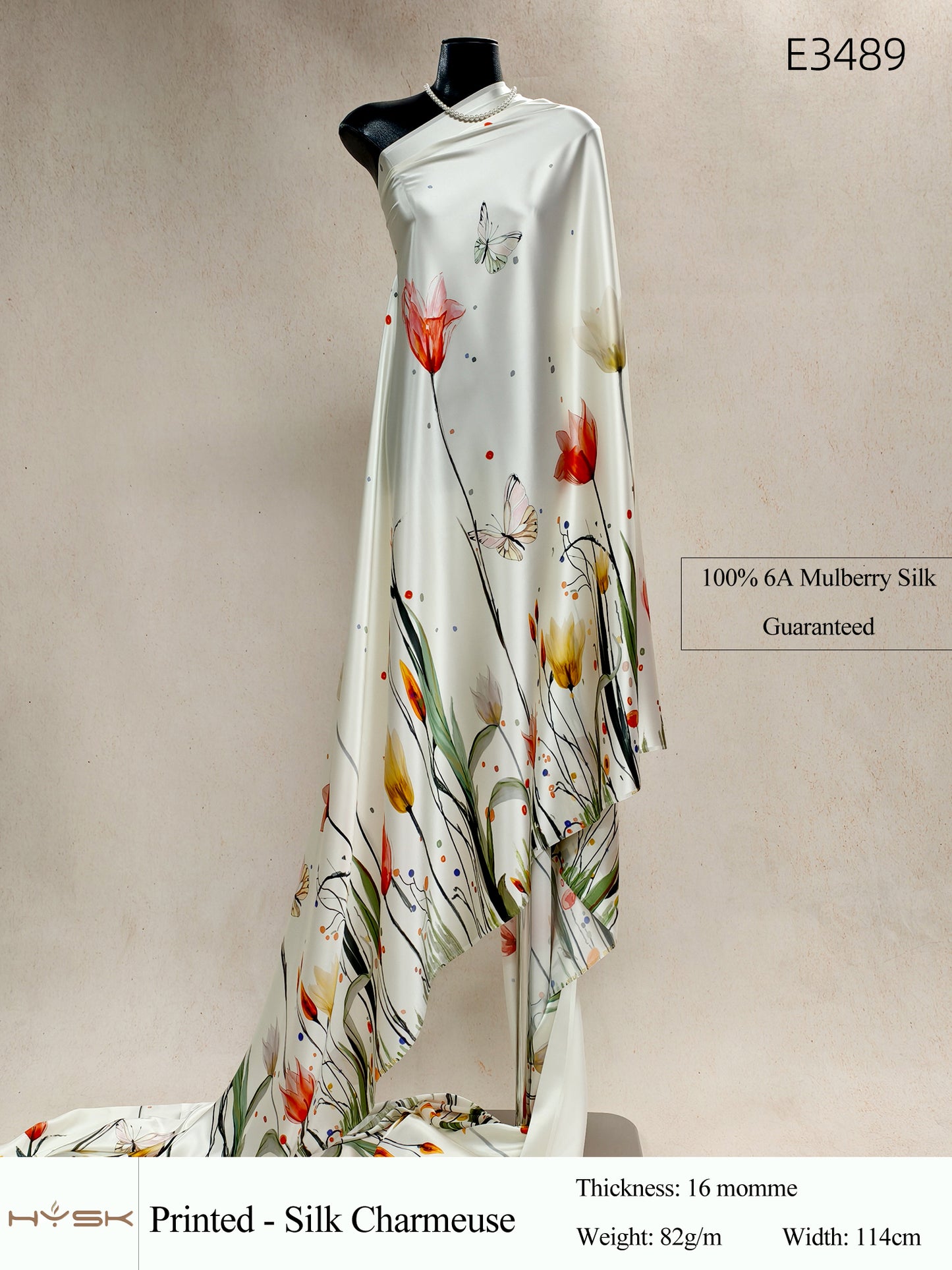 HYSK Digital Printed 100% Mulberry Silk Charmeuse – 16 Momme, 114cm Width, 6A Grade Silk Original Design Fabric for Couture, Evening Wear & Traditional Attire