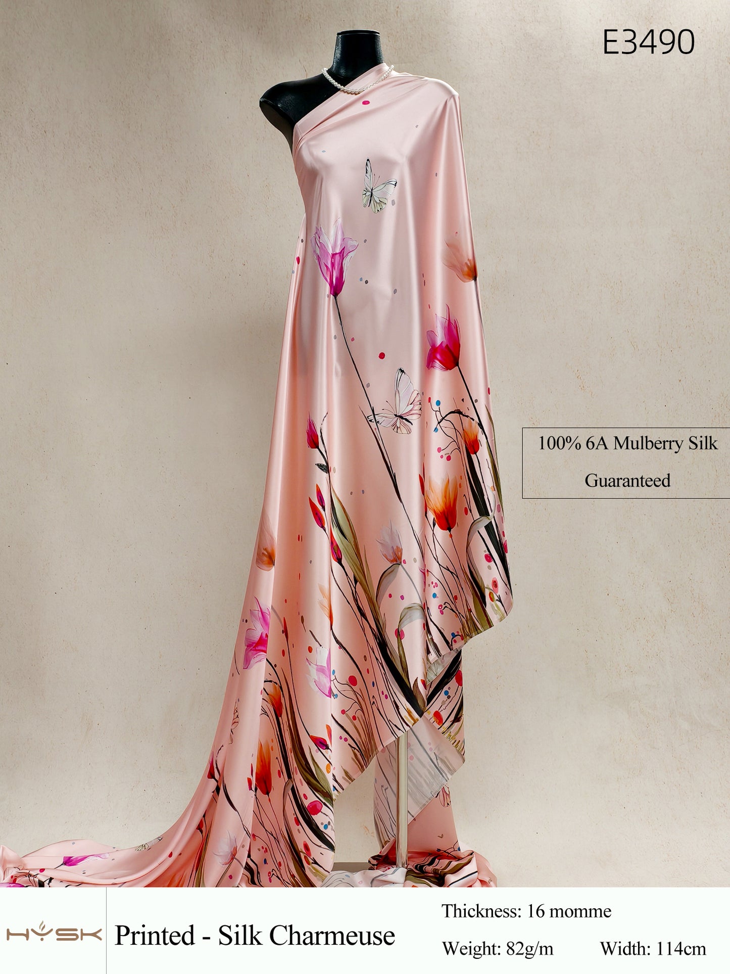 HYSK Digital Printed 100% Mulberry Silk Charmeuse – 16 Momme, 114cm Width, 6A Grade Silk Original Design Fabric for Couture, Evening Wear & Traditional Attire