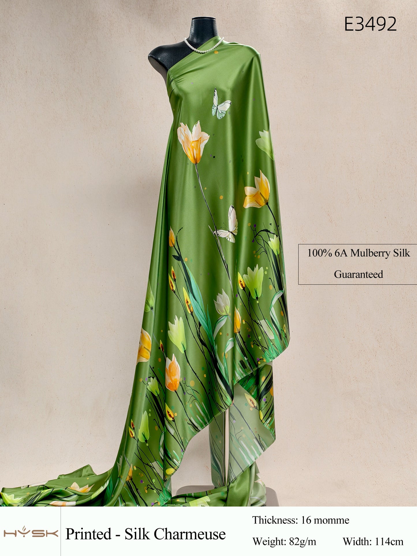 HYSK Digital Printed 100% Mulberry Silk Charmeuse – 16 Momme, 114cm Width, 6A Grade Silk Original Design Fabric for Couture, Evening Wear & Traditional Attire