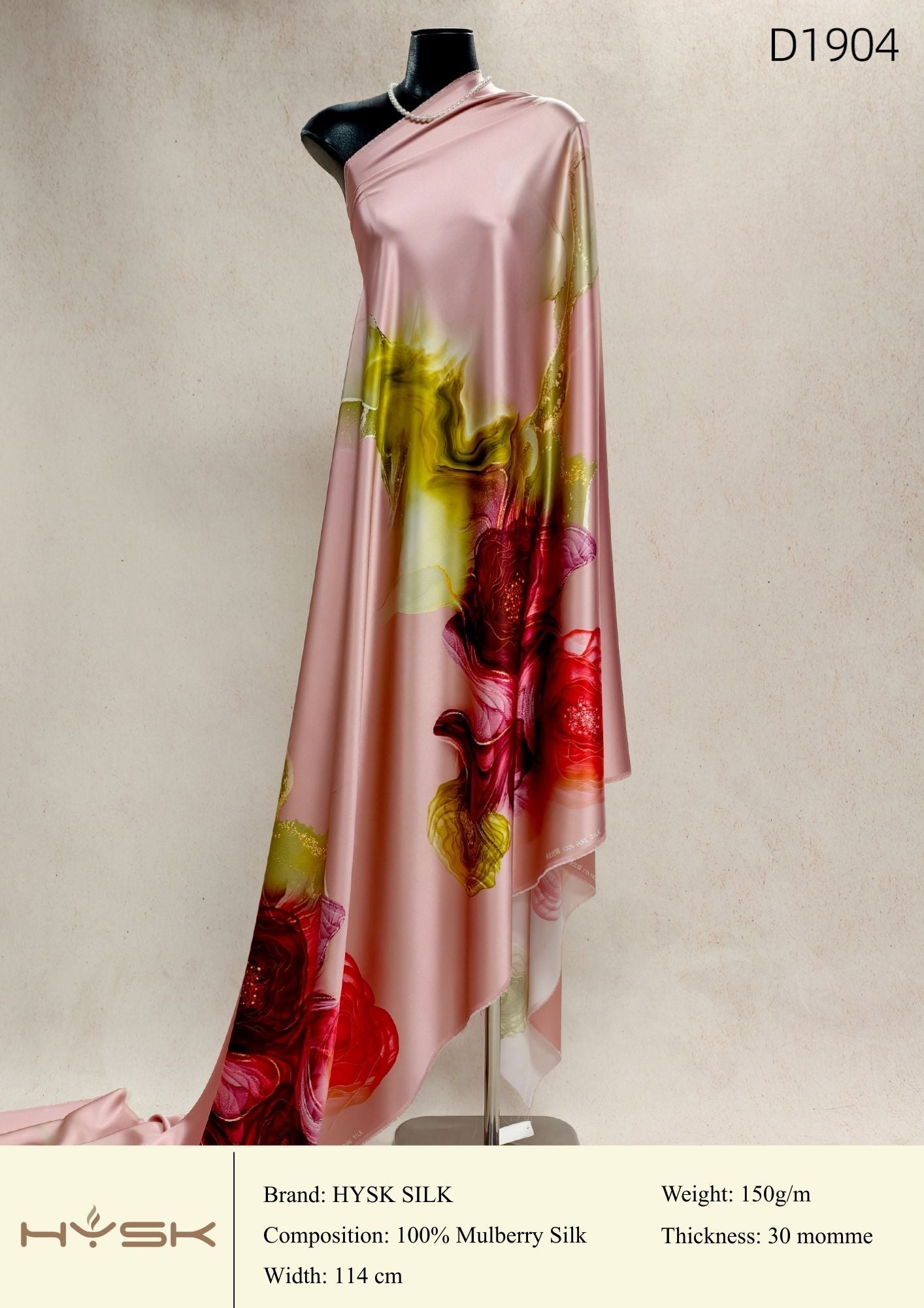 HYSK Digital Printed 100% Mulberry Silk Charmeuse – 30 Momme, 114cm Width, 6A Grade Silk Original Design Fabric for Couture, Evening Wear & Traditional Attire - In Stock Products