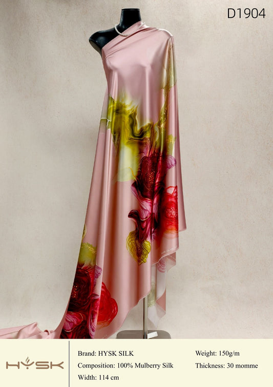 HYSK Digital Printed 100% Mulberry Silk Charmeuse – 30 Momme, 114cm Width, 6A Grade Silk Original Design Fabric for Couture, Evening Wear & Traditional Attire - In Stock Products
