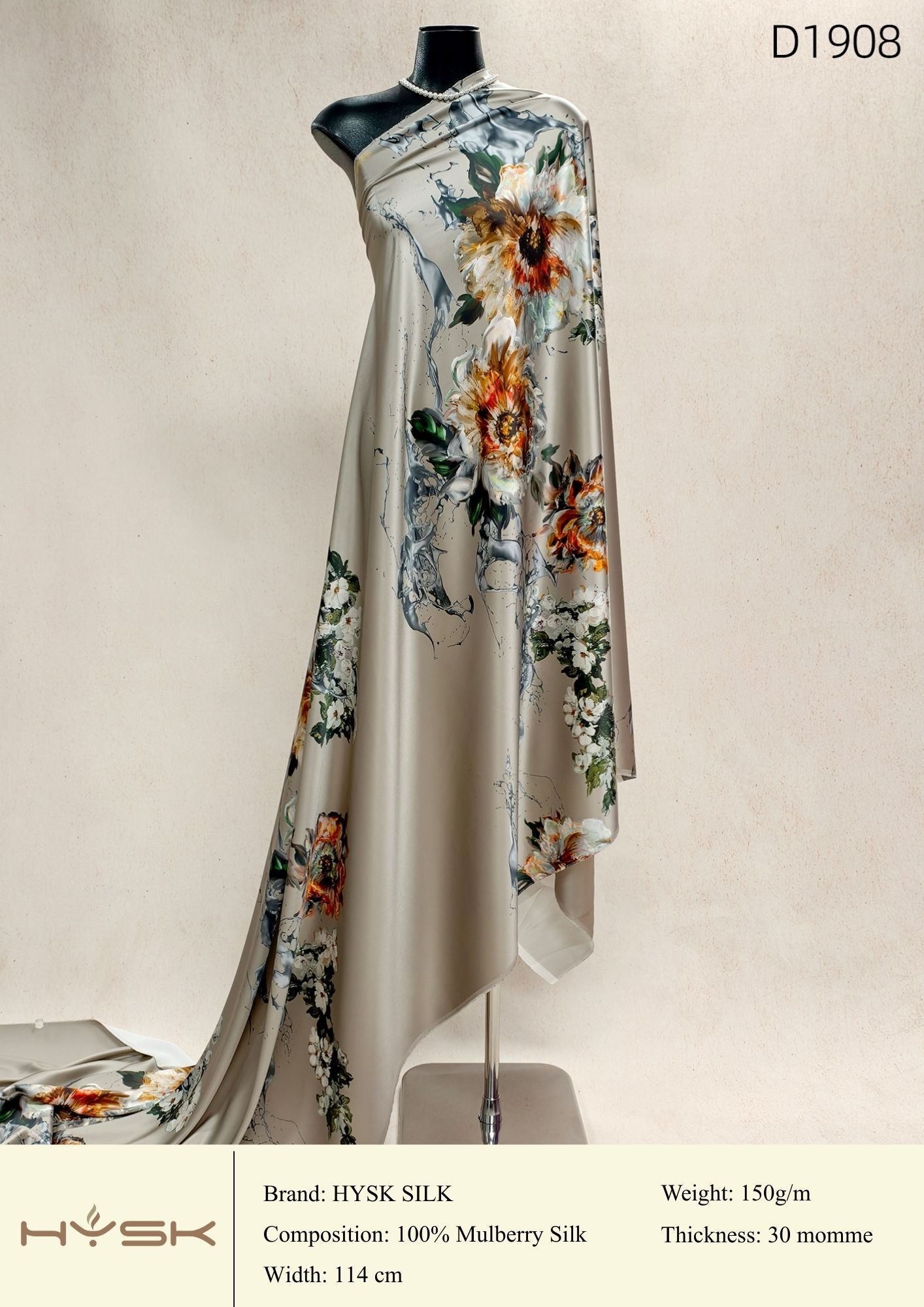 HYSK Digital Printed 100% Mulberry Silk Charmeuse – 30 Momme, 114cm Width, 6A Grade Silk Original Design Fabric for Couture, Evening Wear & Traditional Attire - In Stock Products