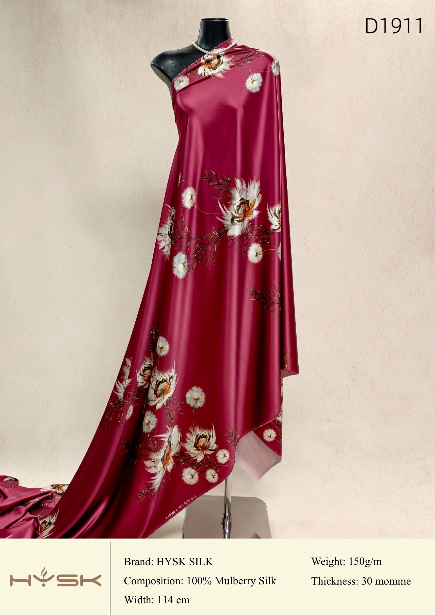 HYSK Digital Printed 100% Mulberry Silk Charmeuse – 30 Momme, 114cm Width, 6A Grade Silk Original Design Fabric for Couture, Evening Wear & Traditional Attire - In Stock Products