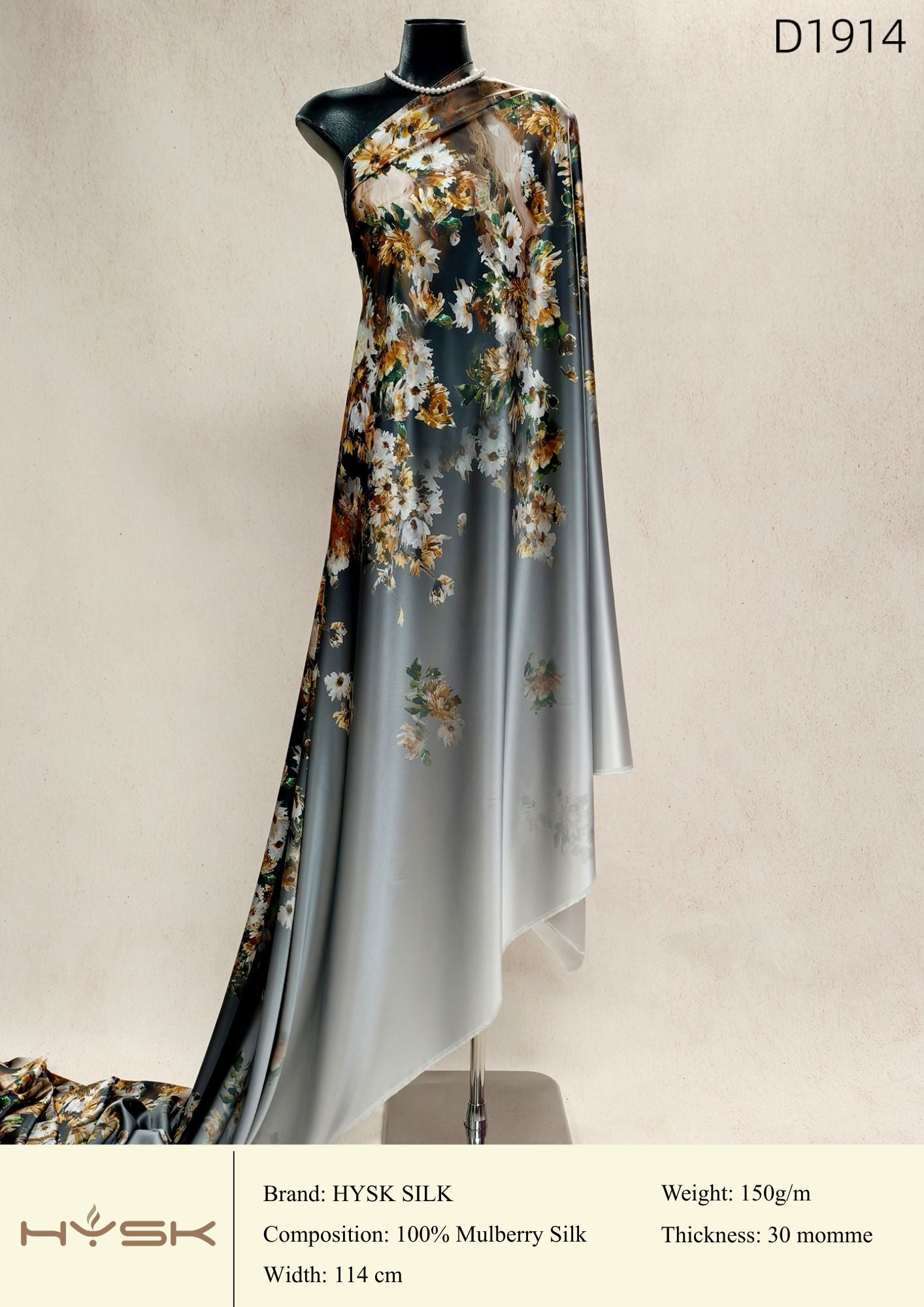HYSK Digital Printed 100% Mulberry Silk Charmeuse – 30 Momme, 114cm Width, 6A Grade Silk Original Design Fabric for Couture, Evening Wear & Traditional Attire - In Stock Products