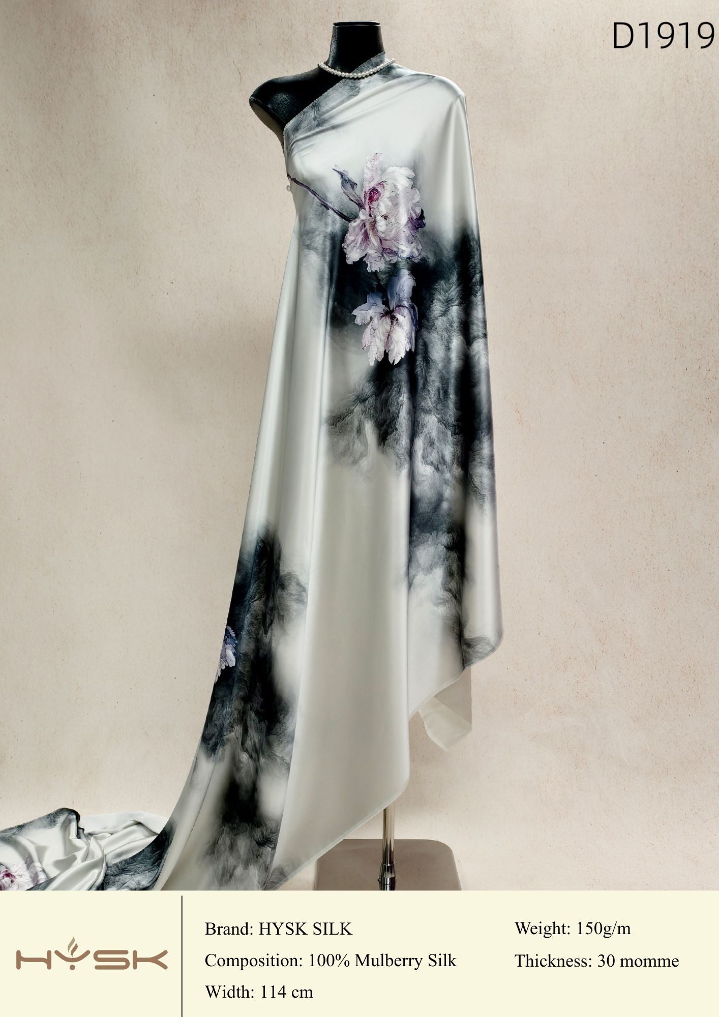 HYSK Digital Printed 100% Mulberry Silk Charmeuse – 30 Momme, 114cm Width, 6A Grade Silk Original Design Fabric for Couture, Evening Wear & Traditional Attire - In Stock Products