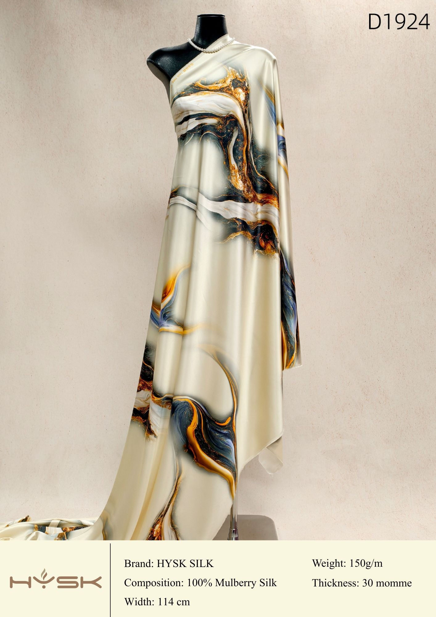 HYSK Digital Printed 100% Mulberry Silk Charmeuse – 30 Momme, 114cm Width, 6A Grade Silk Original Design Fabric for Couture, Evening Wear & Traditional Attire - In Stock Products