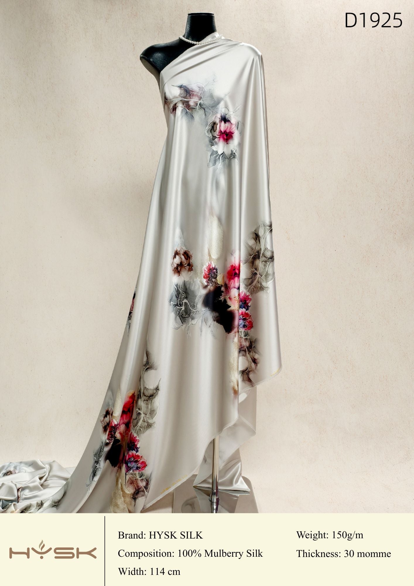 HYSK Digital Printed 100% Mulberry Silk Charmeuse – 30 Momme, 114cm Width, 6A Grade Silk Original Design Fabric for Couture, Evening Wear & Traditional Attire - In Stock Products
