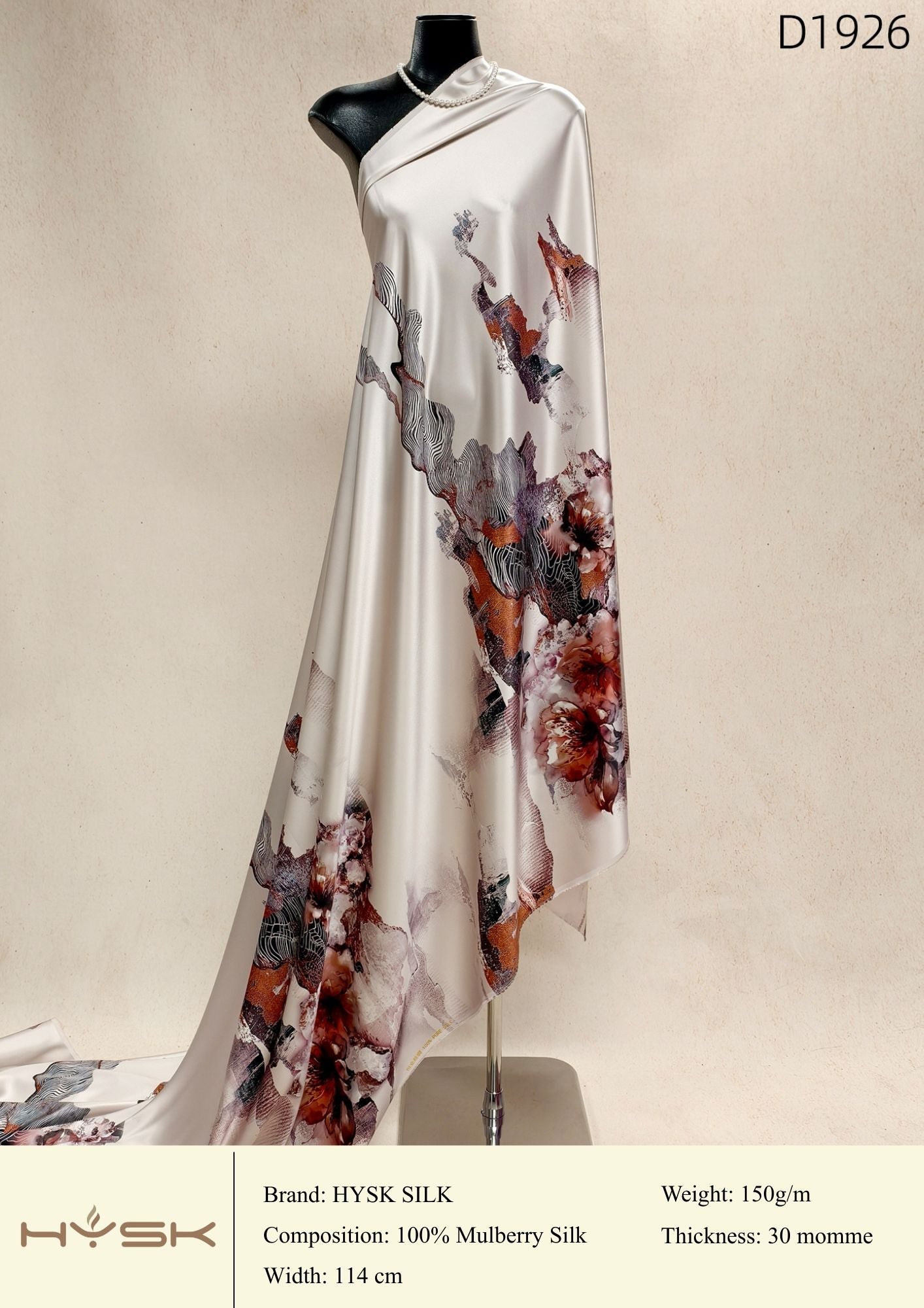 HYSK Digital Printed 100% Mulberry Silk Charmeuse – 30 Momme, 114cm Width, 6A Grade Silk Original Design Fabric for Couture, Evening Wear & Traditional Attire - In Stock Products