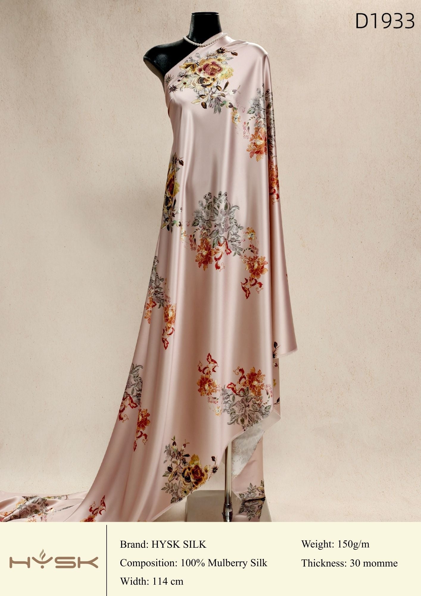 HYSK Digital Printed 100% Mulberry Silk Charmeuse – 30 Momme, 114cm Width, 6A Grade Silk Original Design Fabric for Couture, Evening Wear & Traditional Attire - In Stock Products