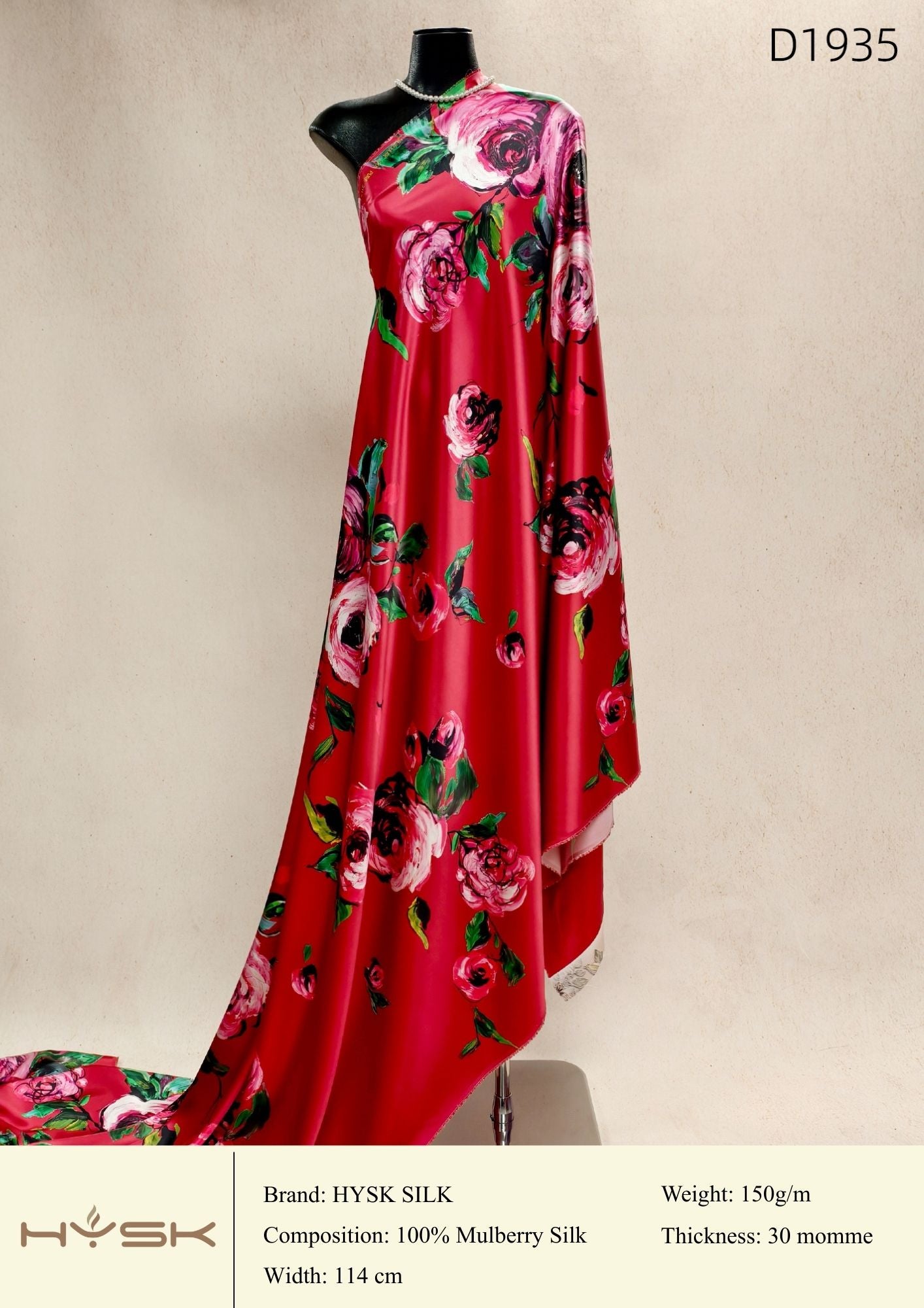 HYSK Digital Printed 100% Mulberry Silk Charmeuse – 30 Momme, 114cm Width, 6A Grade Silk Original Design Fabric for Couture, Evening Wear & Traditional Attire - In Stock Products