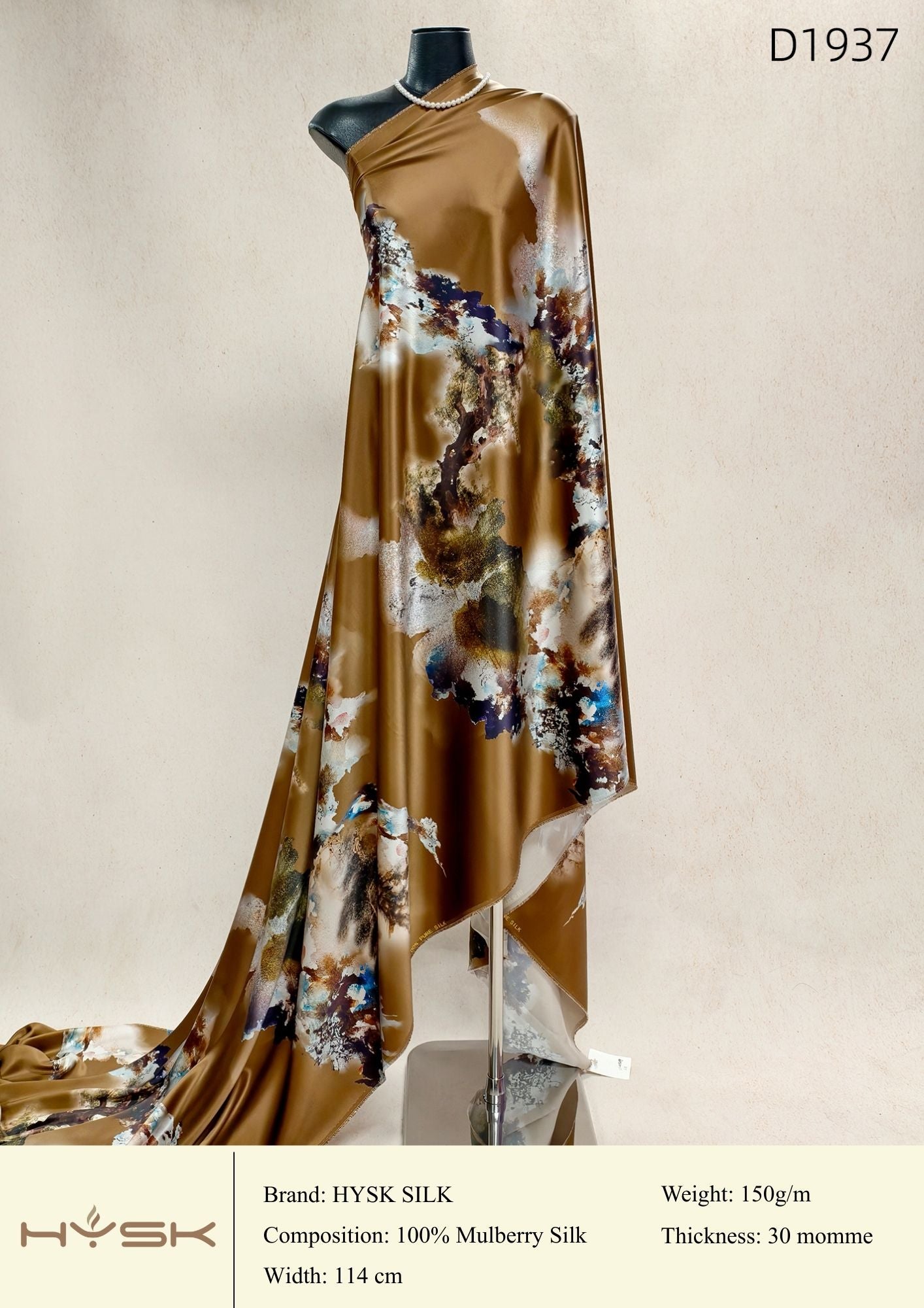 HYSK Digital Printed 100% Mulberry Silk Charmeuse – 30 Momme, 114cm Width, 6A Grade Silk Original Design Fabric for Couture, Evening Wear & Traditional Attire - In Stock Products