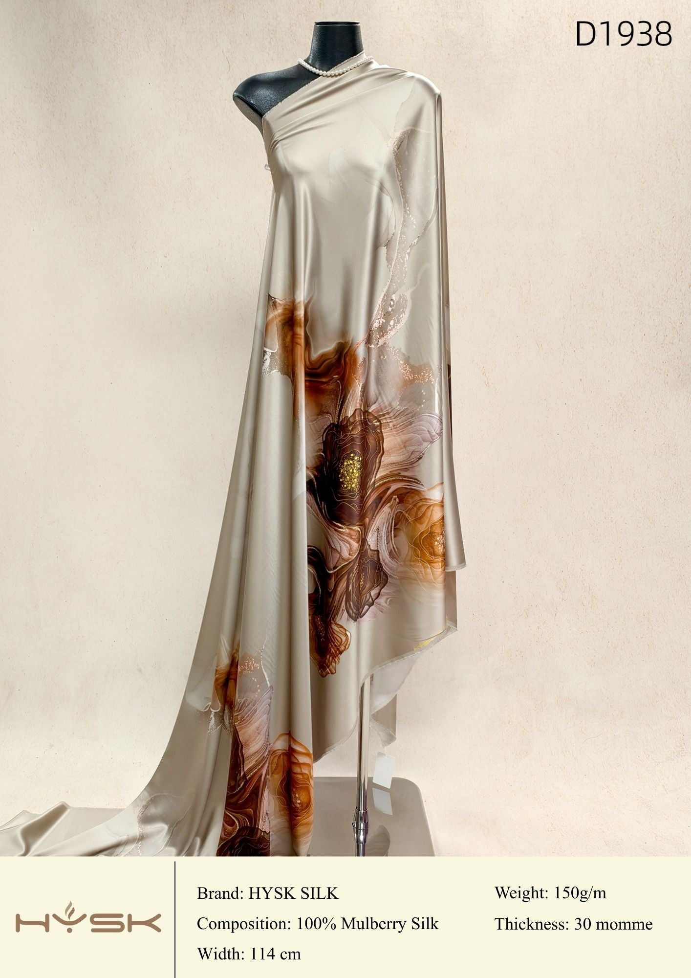 HYSK Digital Printed 100% Mulberry Silk Charmeuse – 30 Momme, 114cm Width, 6A Grade Silk Original Design Fabric for Couture, Evening Wear & Traditional Attire - In Stock Products