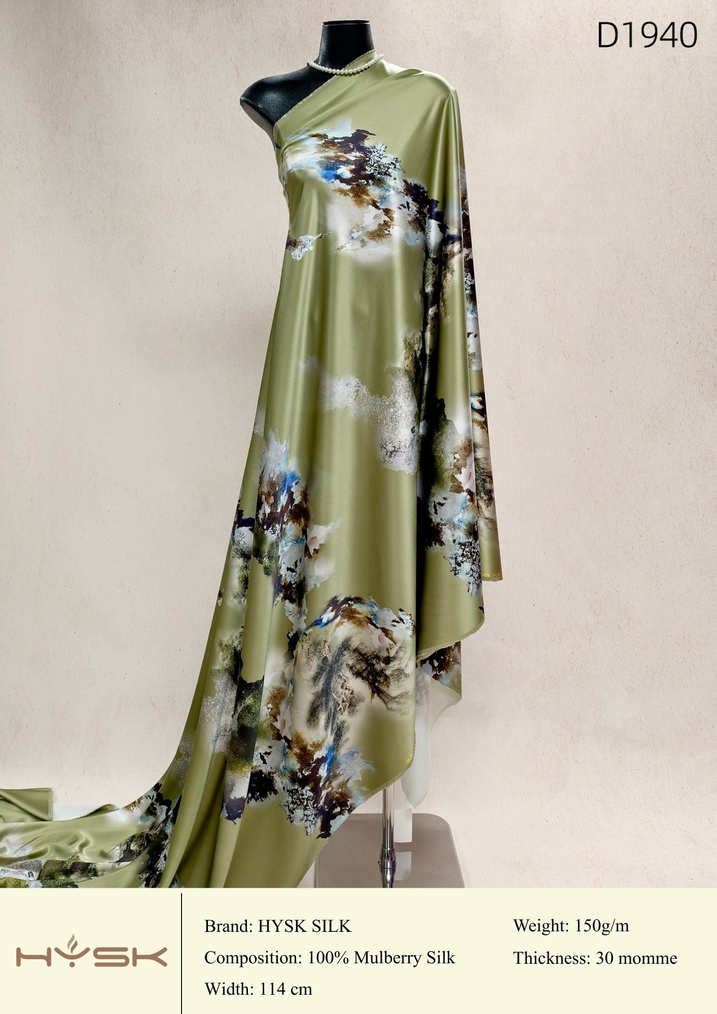 HYSK Digital Printed 100% Mulberry Silk Charmeuse – 30 Momme, 114cm Width, 6A Grade Silk Original Design Fabric for Couture, Evening Wear & Traditional Attire - In Stock Products