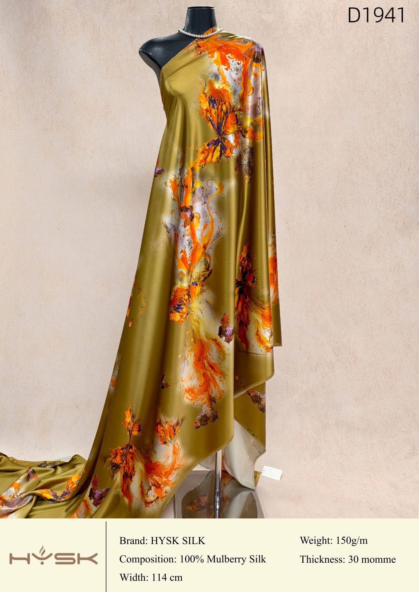 HYSK Digital Printed 100% Mulberry Silk Charmeuse – 30 Momme, 114cm Width, 6A Grade Silk Original Design Fabric for Couture, Evening Wear & Traditional Attire - In Stock Products
