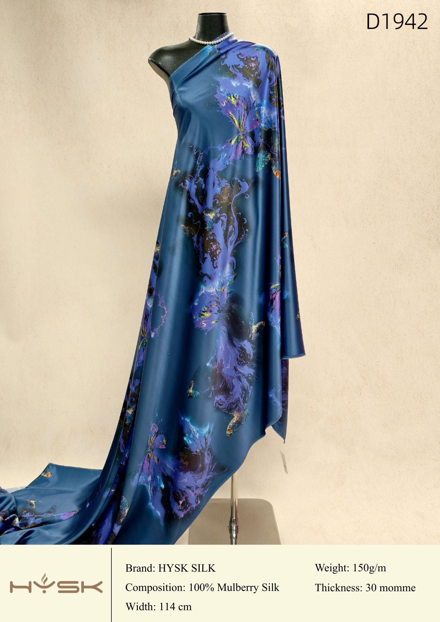 HYSK Digital Printed 100% Mulberry Silk Charmeuse – 30 Momme, 114cm Width, 6A Grade Silk Original Design Fabric for Couture, Evening Wear & Traditional Attire - In Stock Products