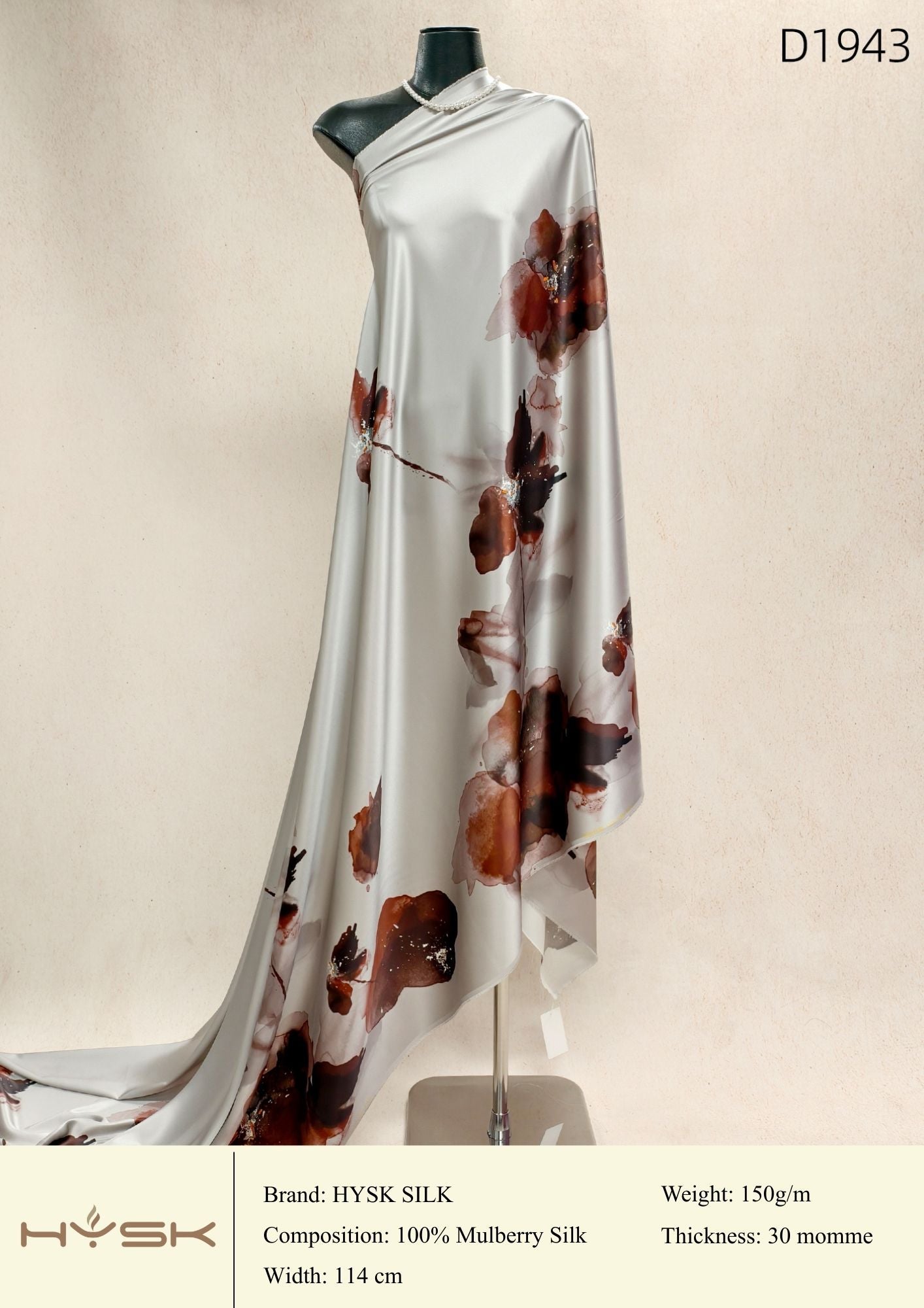 HYSK Digital Printed 100% Mulberry Silk Charmeuse – 30 Momme, 114cm Width, 6A Grade Silk Original Design Fabric for Couture, Evening Wear & Traditional Attire - In Stock Products