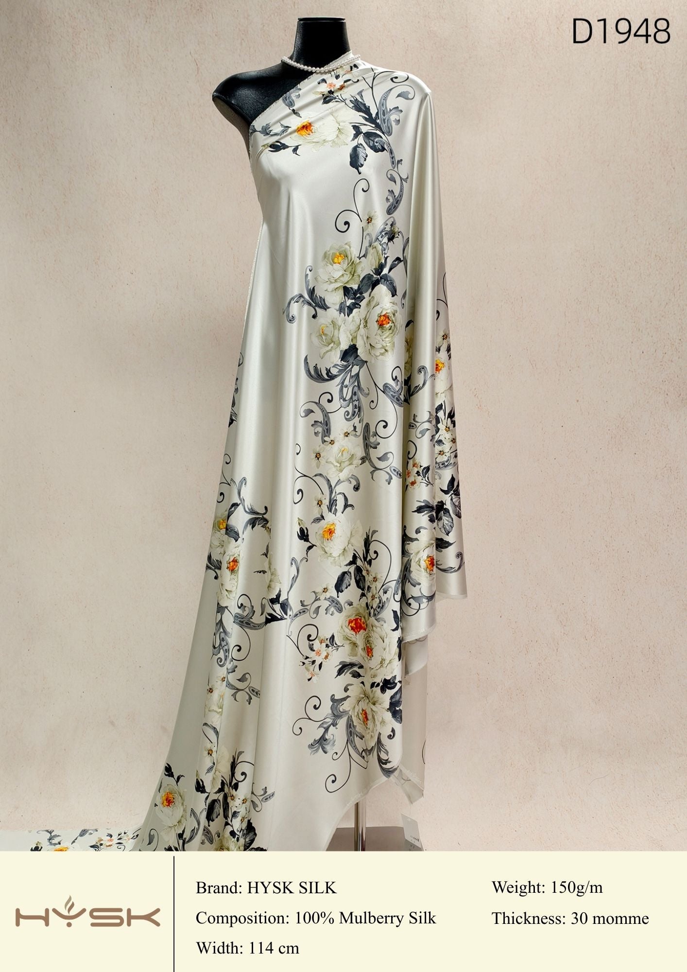 HYSK Digital Printed 100% Mulberry Silk Charmeuse – 30 Momme, 114cm Width, 6A Grade Silk Original Design Fabric for Couture, Evening Wear & Traditional Attire - In Stock Products