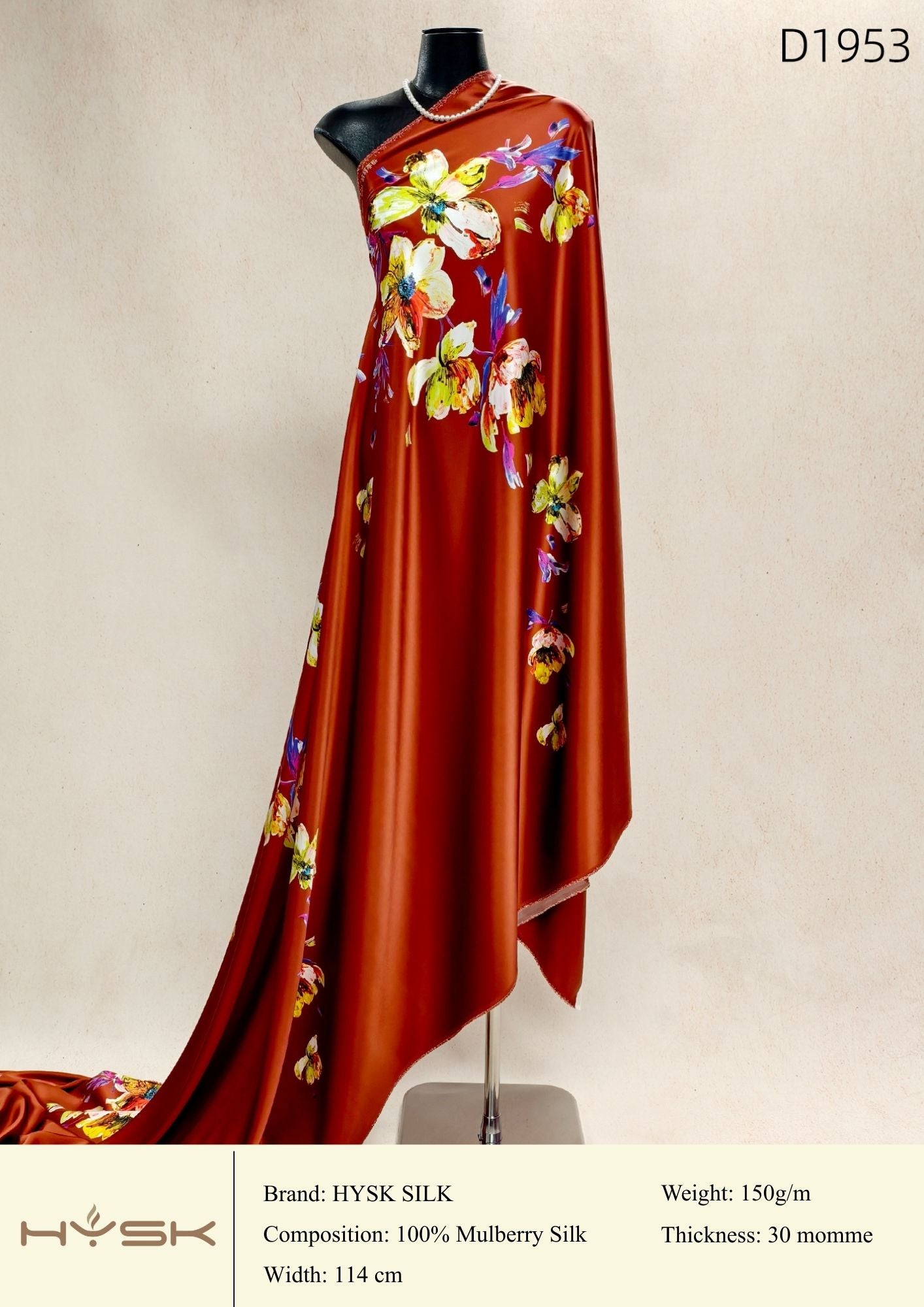 HYSK Digital Printed 100% Mulberry Silk Charmeuse – 30 Momme, 114cm Width, 6A Grade Silk Original Design Fabric for Couture, Evening Wear & Traditional Attire - In Stock Products