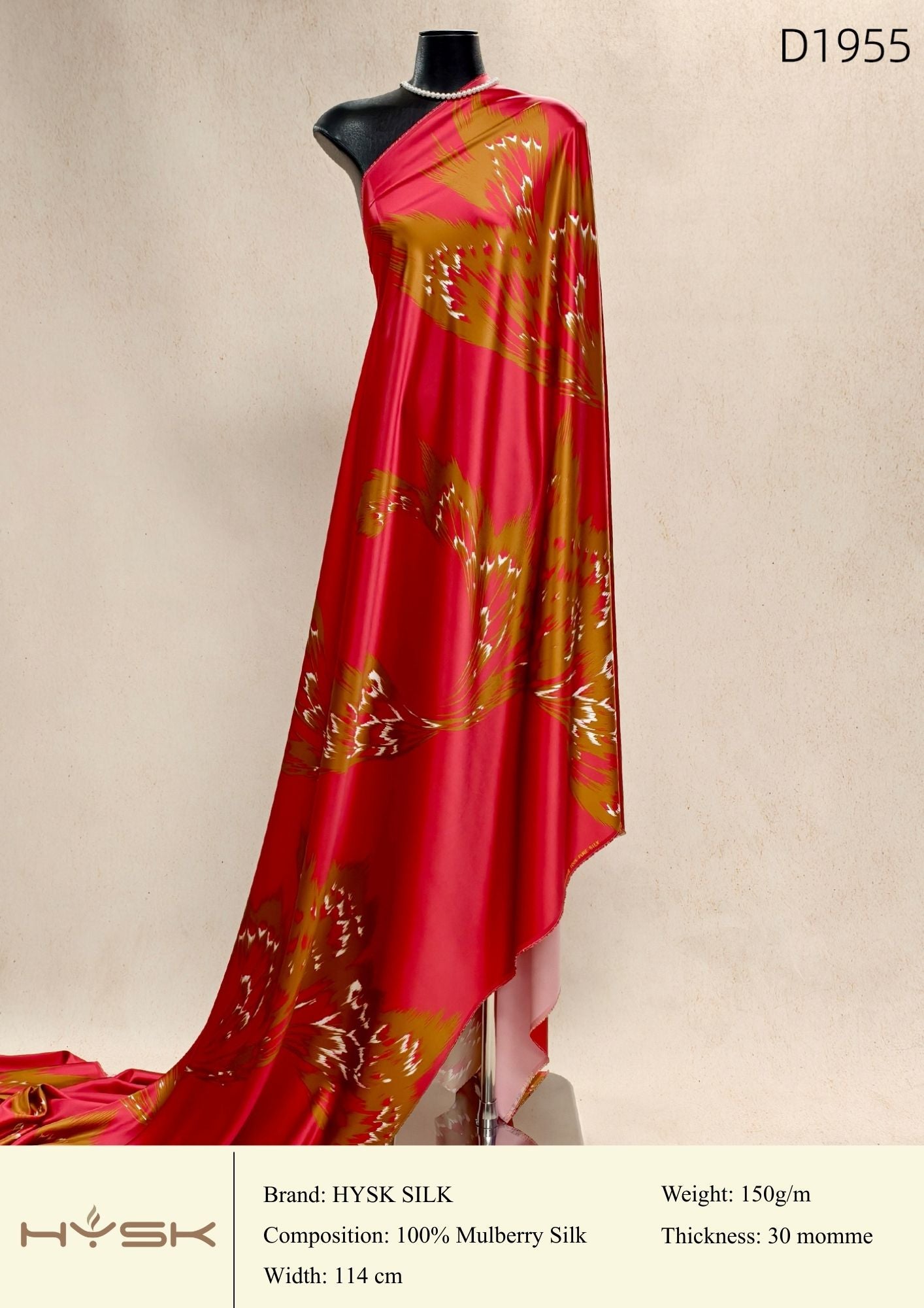 HYSK Digital Printed 100% Mulberry Silk Charmeuse – 30 Momme, 114cm Width, 6A Grade Silk Original Design Fabric for Couture, Evening Wear & Traditional Attire - In Stock Products