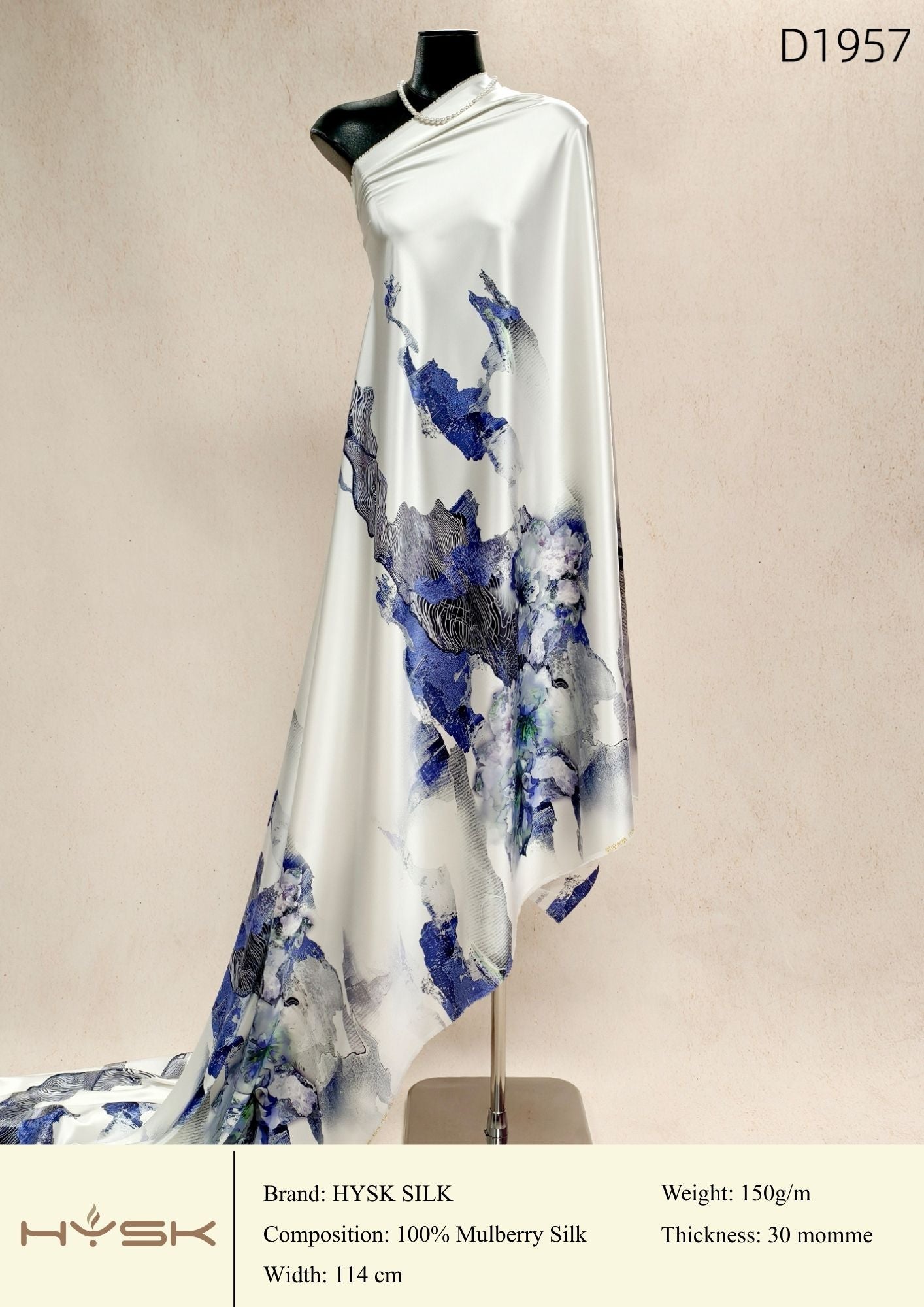 HYSK Digital Printed 100% Mulberry Silk Charmeuse – 30 Momme, 114cm Width, 6A Grade Silk Original Design Fabric for Couture, Evening Wear & Traditional Attire - In Stock Products