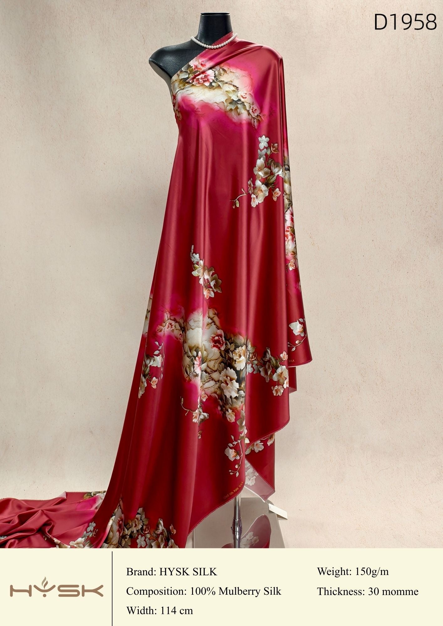 HYSK Digital Printed 100% Mulberry Silk Charmeuse – 30 Momme, 114cm Width, 6A Grade Silk Original Design Fabric for Couture, Evening Wear & Traditional Attire - In Stock Products