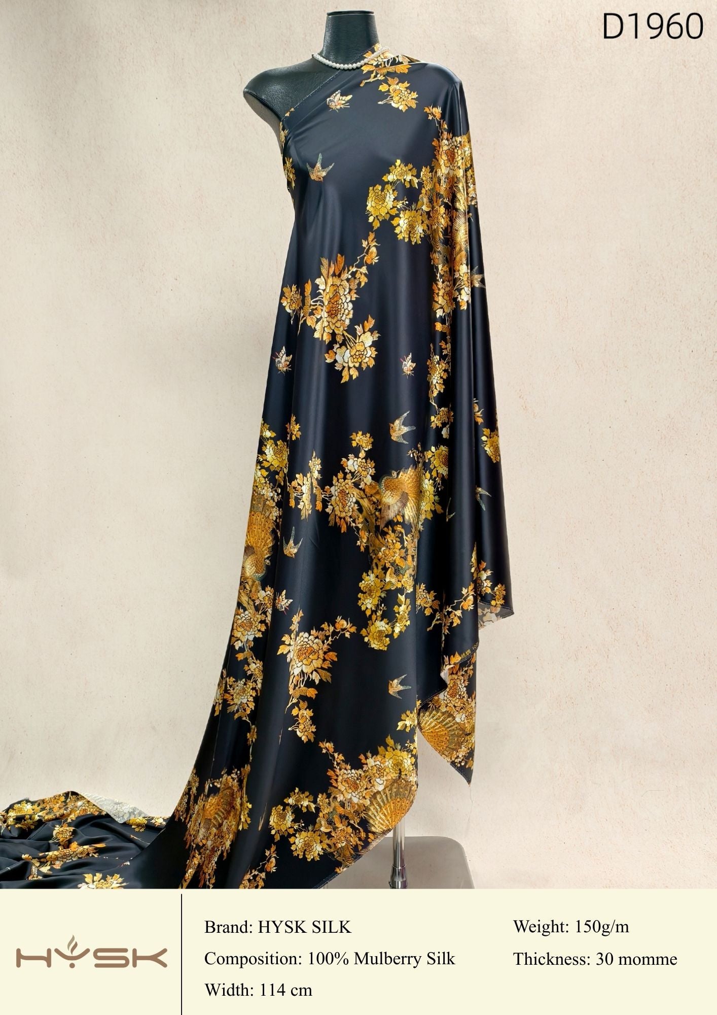 HYSK Digital Printed 100% Mulberry Silk Charmeuse – 30 Momme, 114cm Width, 6A Grade Silk Original Design Fabric for Couture, Evening Wear & Traditional Attire - In Stock Products