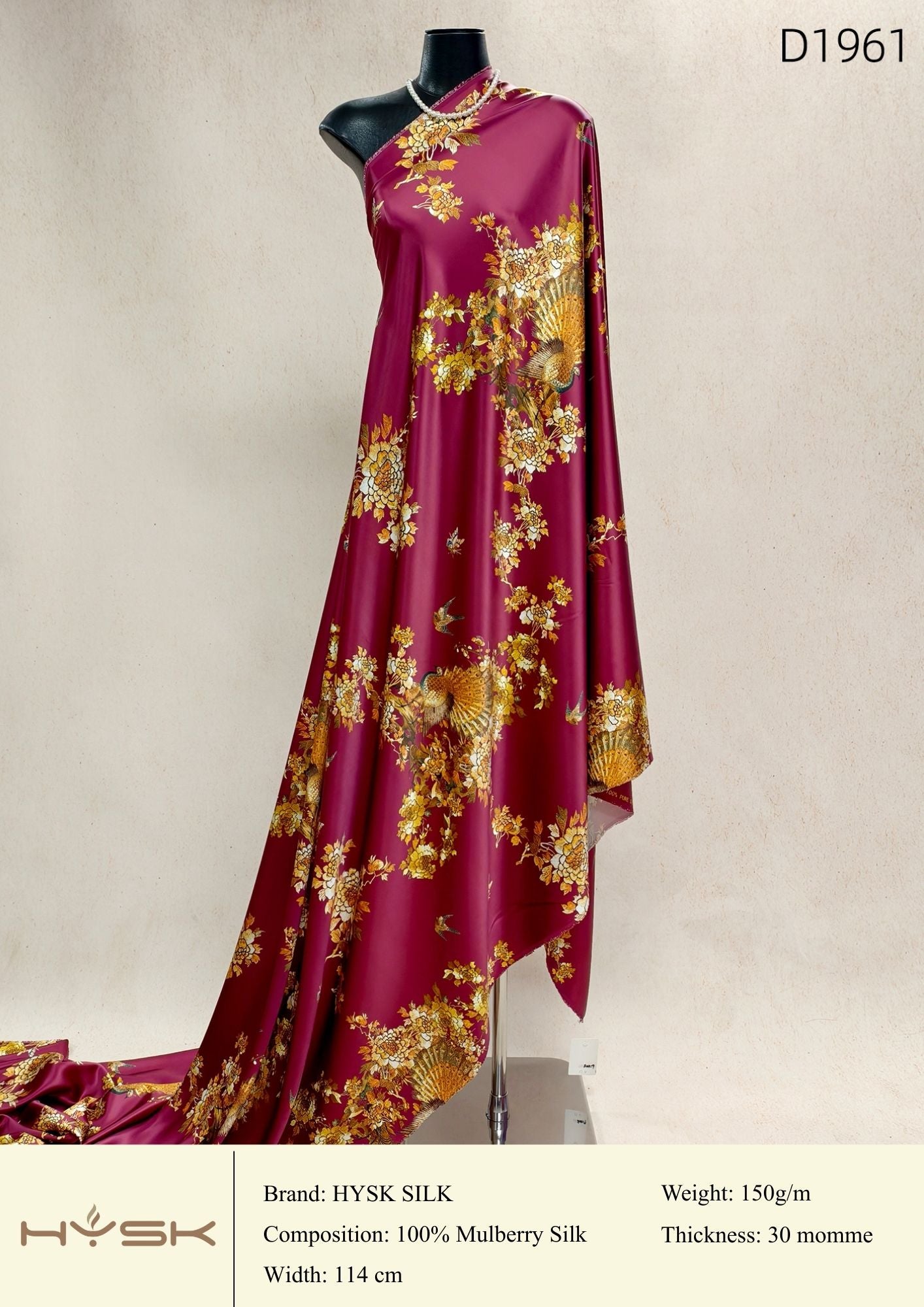 HYSK Digital Printed 100% Mulberry Silk Charmeuse – 30 Momme, 114cm Width, 6A Grade Silk Original Design Fabric for Couture, Evening Wear & Traditional Attire - In Stock Products
