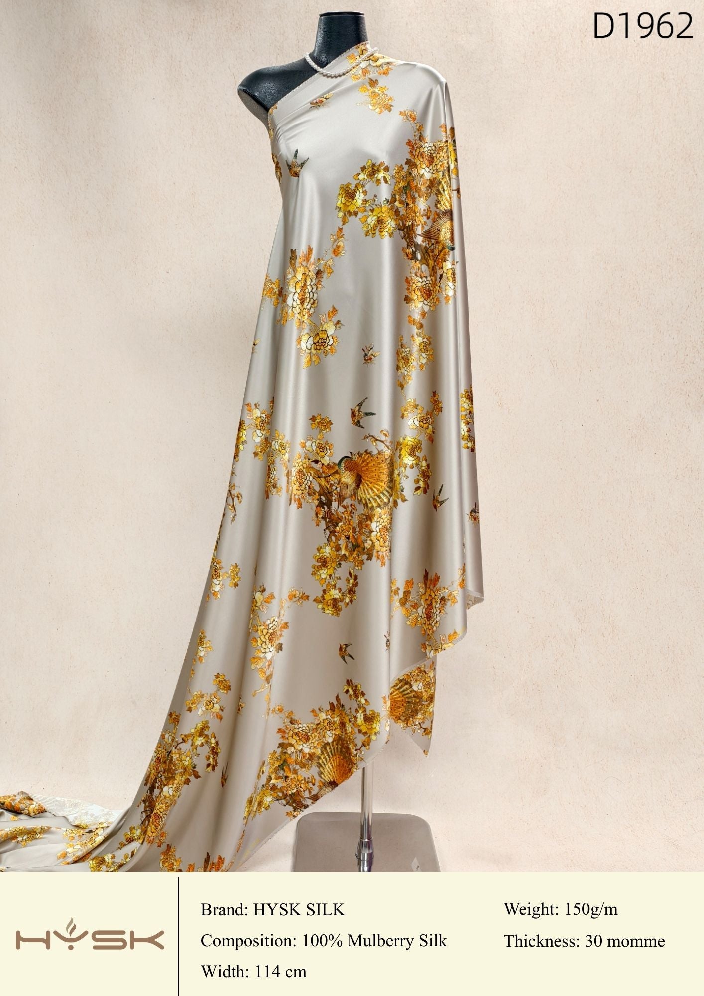 HYSK Digital Printed 100% Mulberry Silk Charmeuse – 30 Momme, 114cm Width, 6A Grade Silk Original Design Fabric for Couture, Evening Wear & Traditional Attire - In Stock Products
