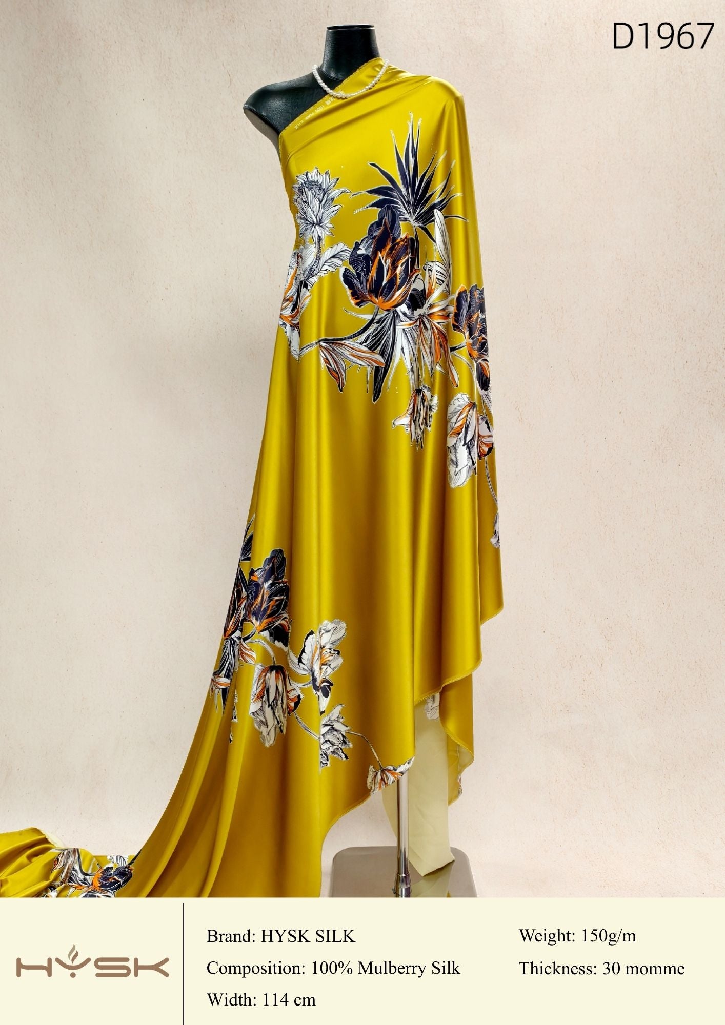HYSK Digital Printed 100% Mulberry Silk Charmeuse – 30 Momme, 114cm Width, 6A Grade Silk Original Design Fabric for Couture, Evening Wear & Traditional Attire - In Stock Products