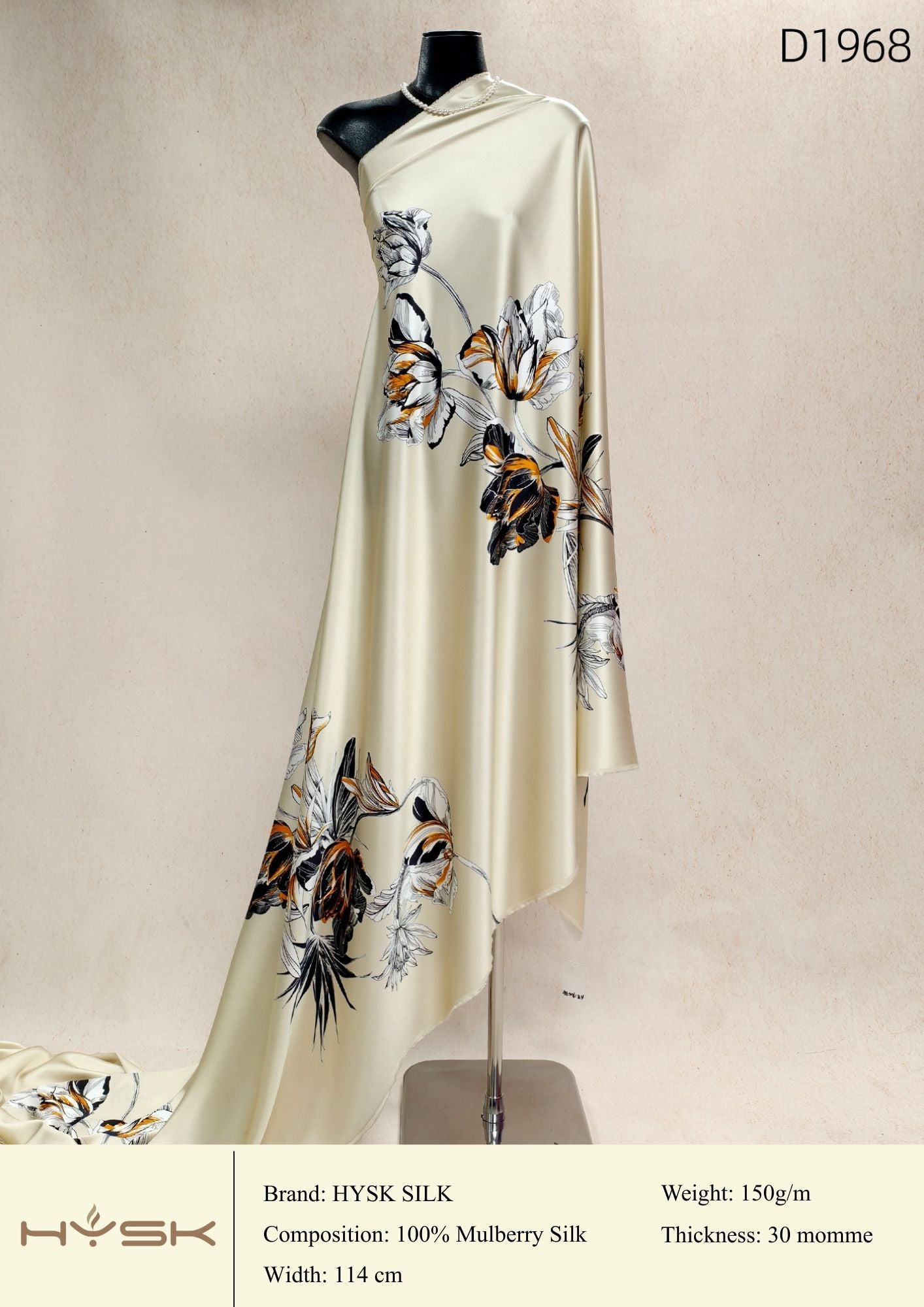 HYSK Digital Printed 100% Mulberry Silk Charmeuse – 30 Momme, 114cm Width, 6A Grade Silk Original Design Fabric for Couture, Evening Wear & Traditional Attire - In Stock Products