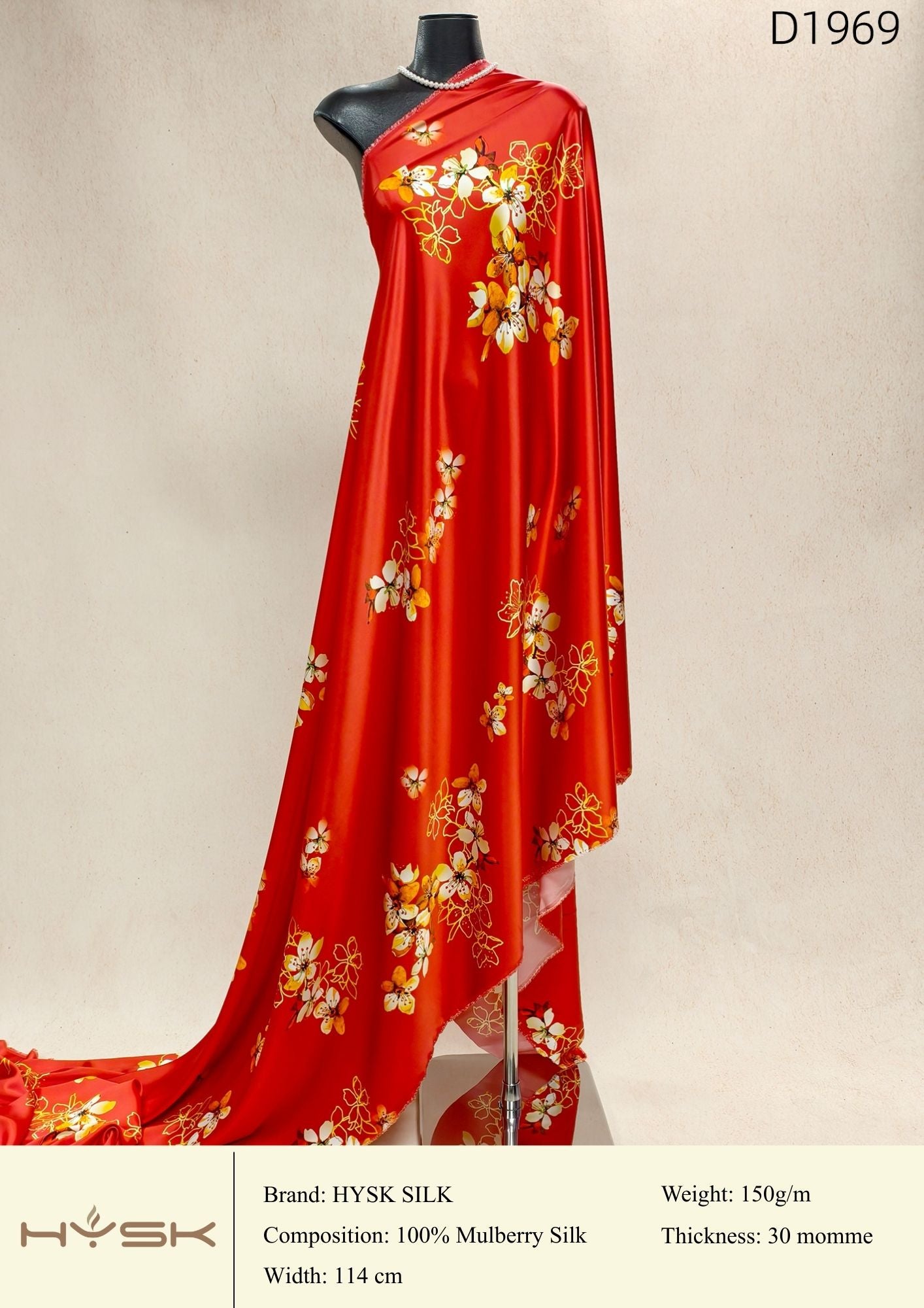 HYSK Digital Printed 100% Mulberry Silk Charmeuse – 30 Momme, 114cm Width, 6A Grade Silk Original Design Fabric for Couture, Evening Wear & Traditional Attire - In Stock Products
