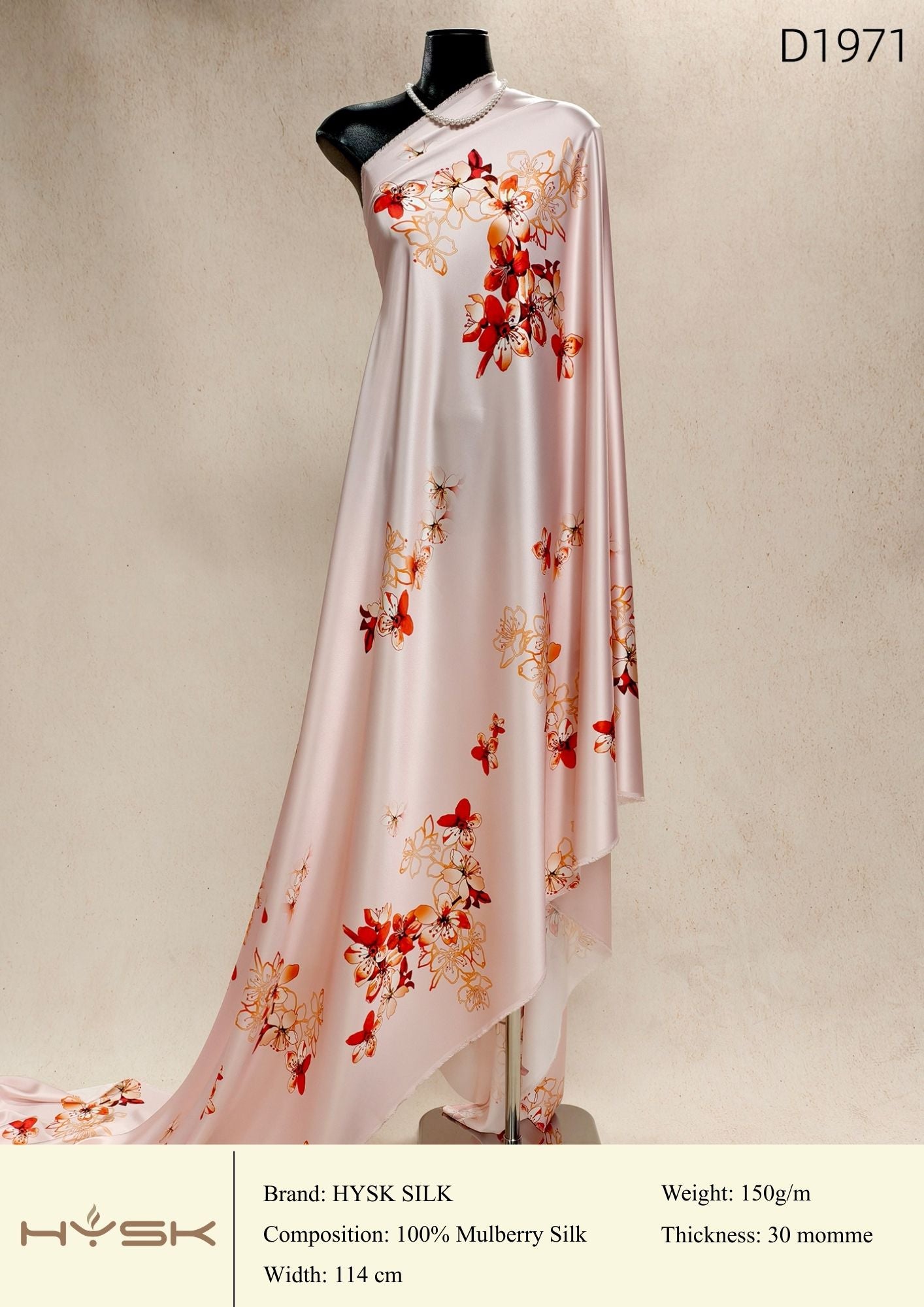 HYSK Digital Printed 100% Mulberry Silk Charmeuse – 30 Momme, 114cm Width, 6A Grade Silk Original Design Fabric for Couture, Evening Wear & Traditional Attire - In Stock Products