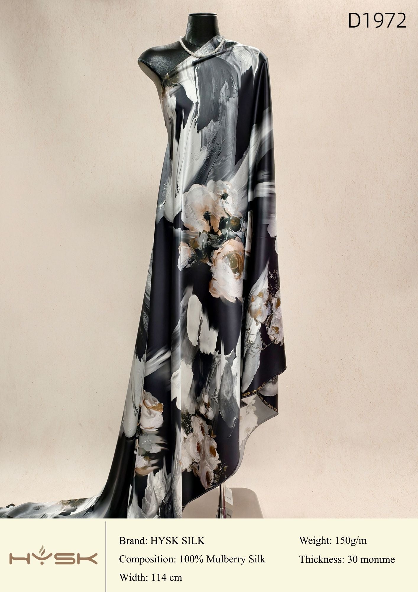 HYSK Digital Printed 100% Mulberry Silk Charmeuse – 30 Momme, 114cm Width, 6A Grade Silk Original Design Fabric for Couture, Evening Wear & Traditional Attire - In Stock Products