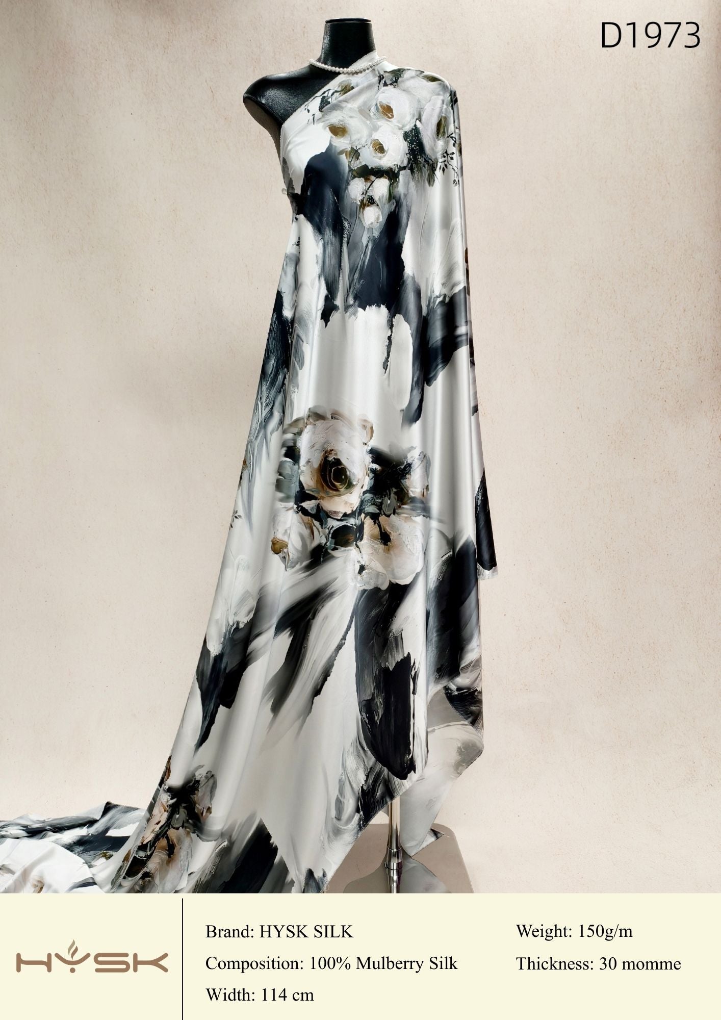 HYSK Digital Printed 100% Mulberry Silk Charmeuse – 30 Momme, 114cm Width, 6A Grade Silk Original Design Fabric for Couture, Evening Wear & Traditional Attire - In Stock Products