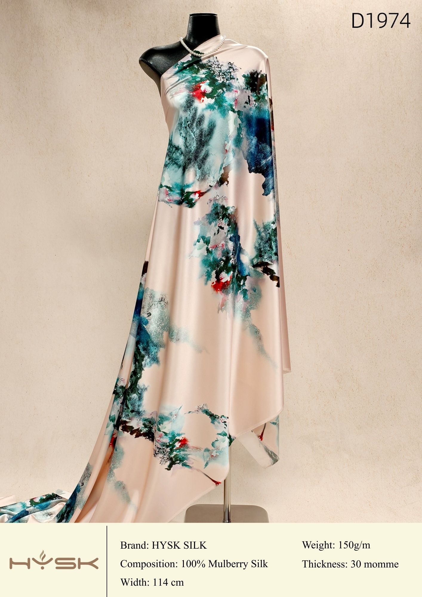 HYSK Digital Printed 100% Mulberry Silk Charmeuse – 30 Momme, 114cm Width, 6A Grade Silk Original Design Fabric for Couture, Evening Wear & Traditional Attire - In Stock Products