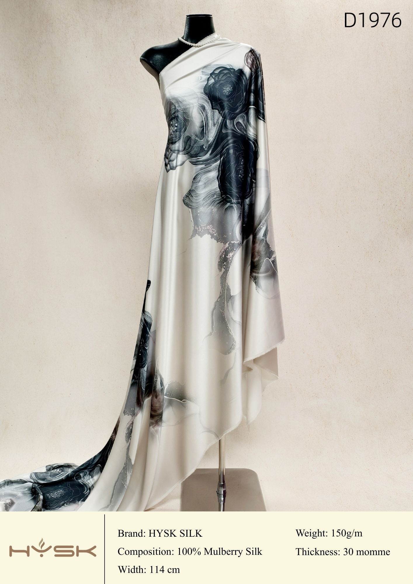 HYSK Digital Printed 100% Mulberry Silk Charmeuse – 30 Momme, 114cm Width, 6A Grade Silk Original Design Fabric for Couture, Evening Wear & Traditional Attire - In Stock Products