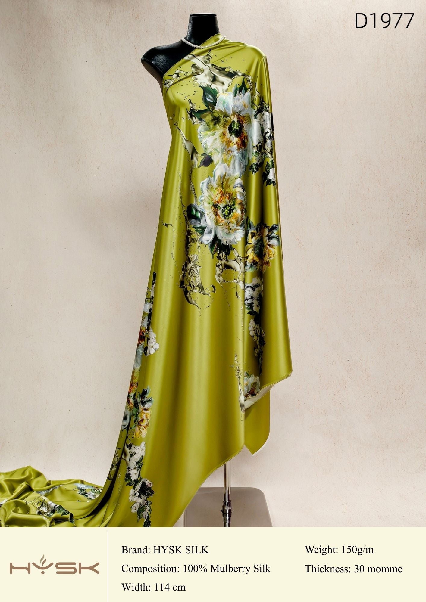 HYSK Digital Printed 100% Mulberry Silk Charmeuse – 30 Momme, 114cm Width, 6A Grade Silk Original Design Fabric for Couture, Evening Wear & Traditional Attire - In Stock Products