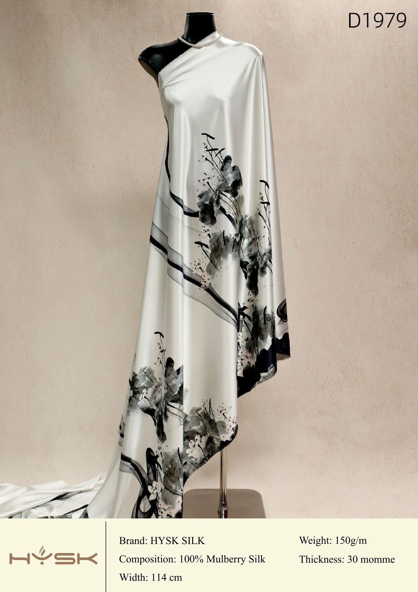 HYSK Digital Printed 100% Mulberry Silk Charmeuse – 30 Momme, 114cm Width, 6A Grade Silk Original Design Fabric for Couture, Evening Wear & Traditional Attire - In Stock Products