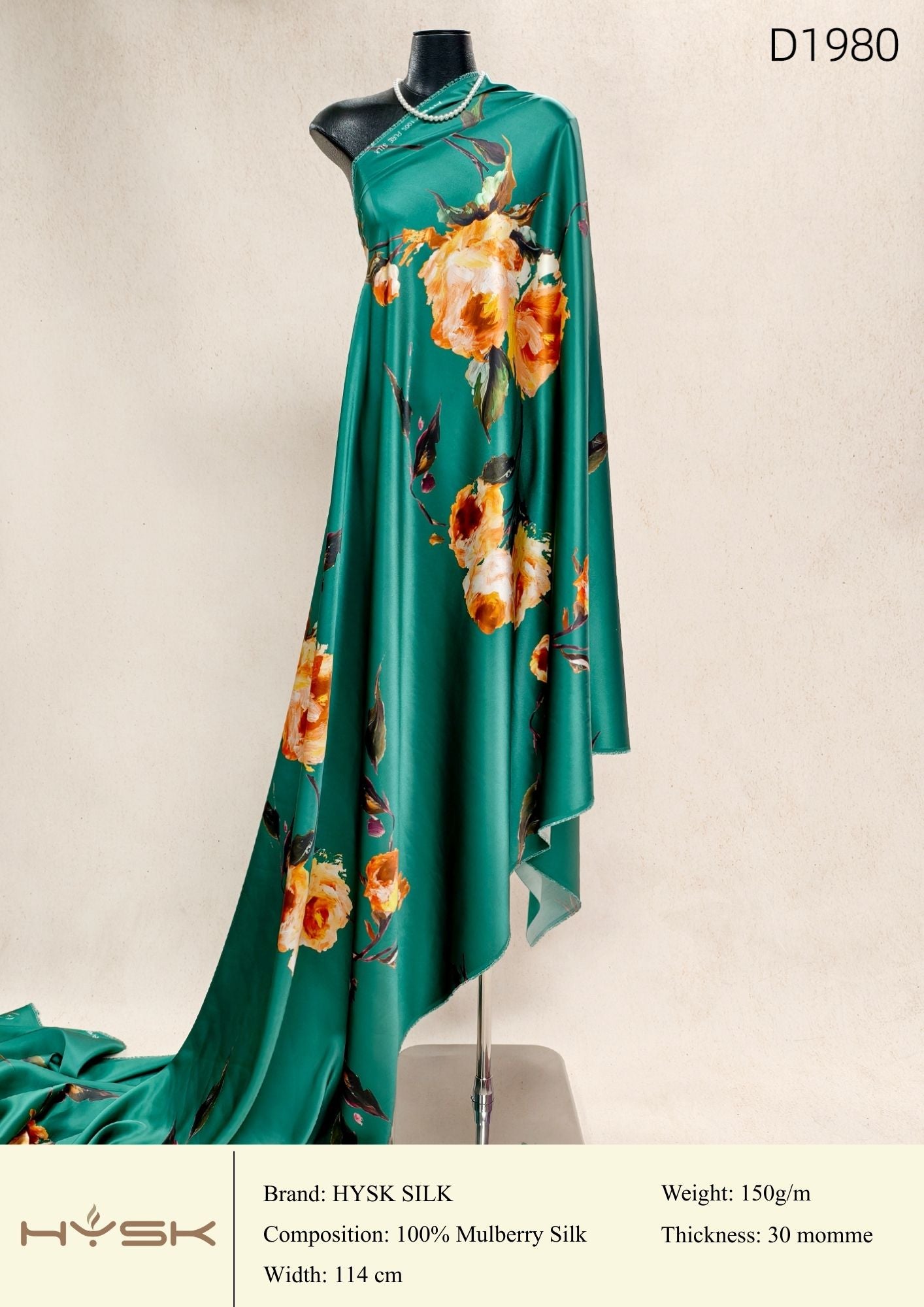 HYSK Digital Printed 100% Mulberry Silk Charmeuse – 30 Momme, 114cm Width, 6A Grade Silk Original Design Fabric for Couture, Evening Wear & Traditional Attire - In Stock Products