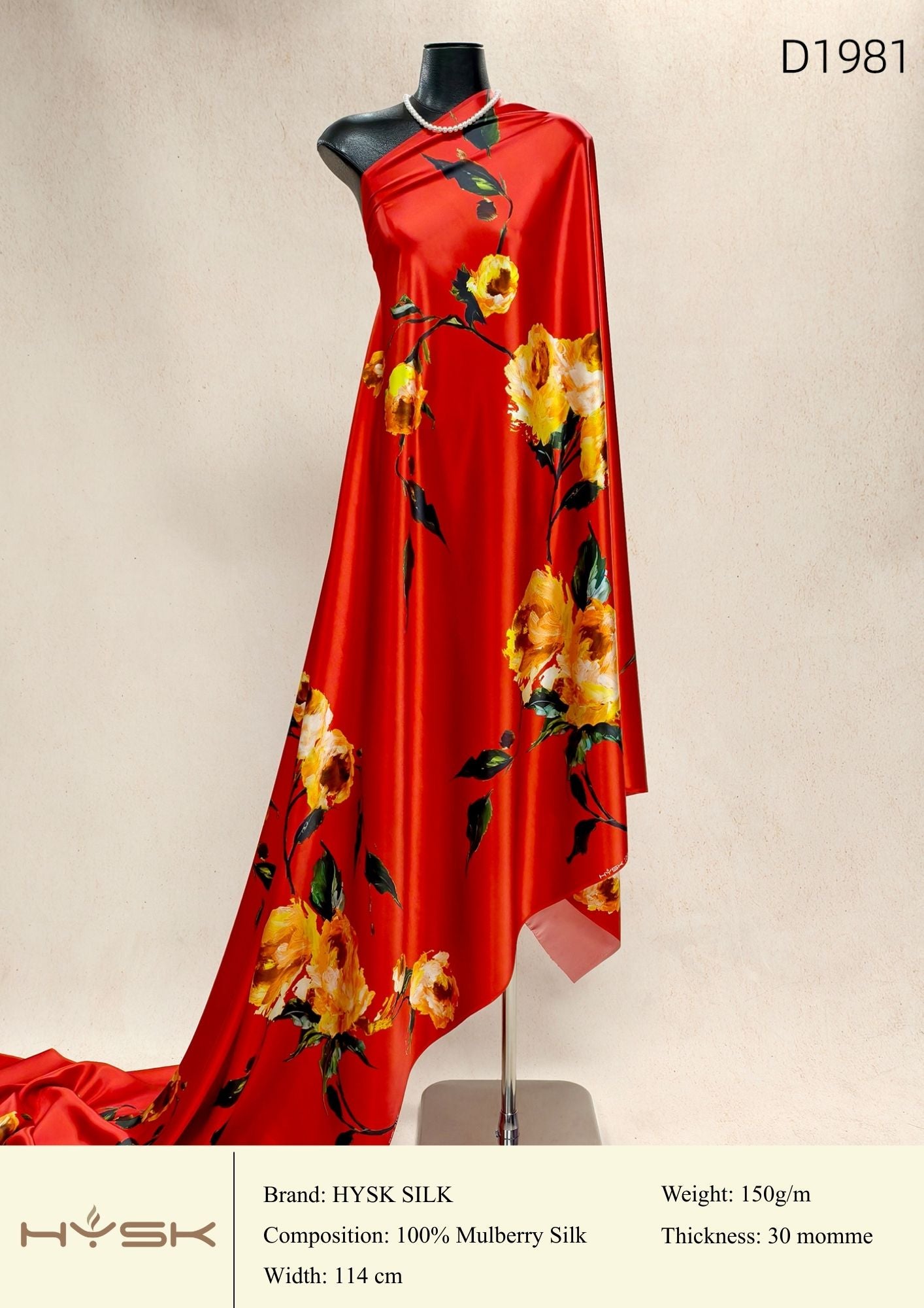 HYSK Digital Printed 100% Mulberry Silk Charmeuse – 30 Momme, 114cm Width, 6A Grade Silk Original Design Fabric for Couture, Evening Wear & Traditional Attire - In Stock Products