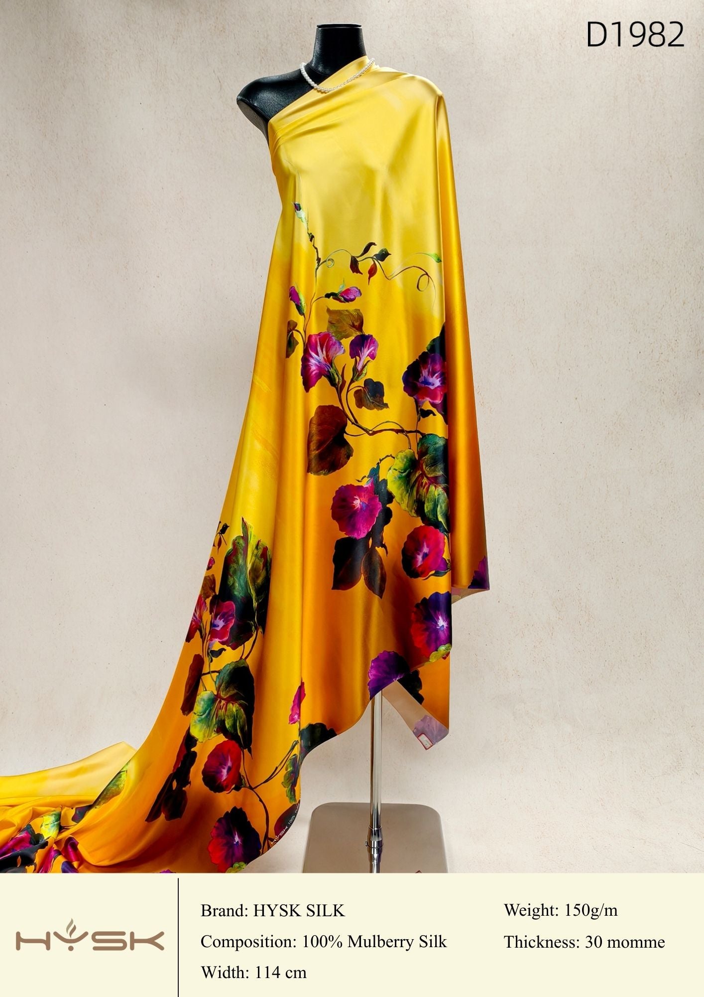 HYSK Digital Printed 100% Mulberry Silk Charmeuse – 30 Momme, 114cm Width, 6A Grade Silk Original Design Fabric for Couture, Evening Wear & Traditional Attire - In Stock Products